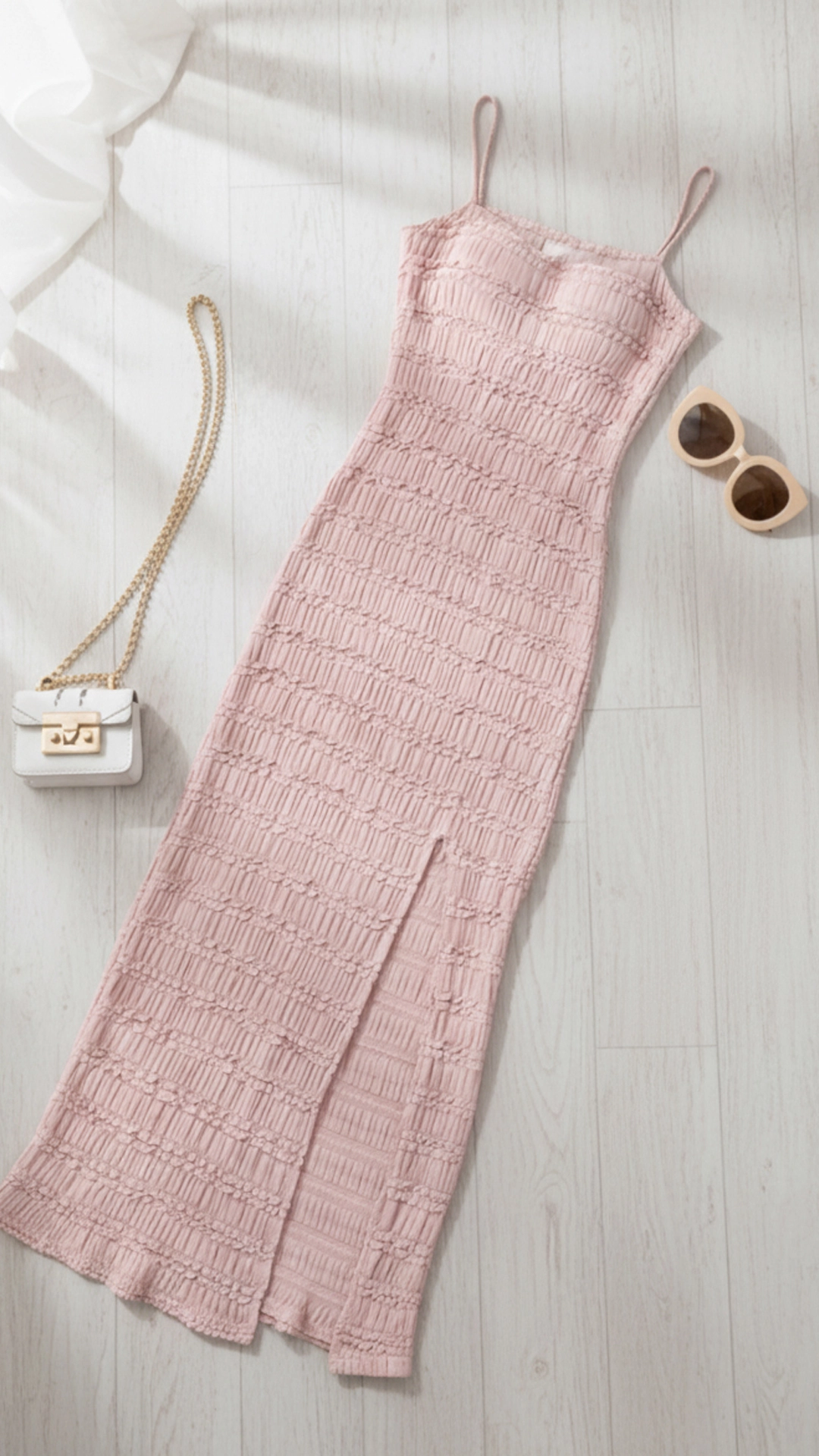 Glamorous Textured Ruffle Maxi Dress with Slit - Spaghetti Straps