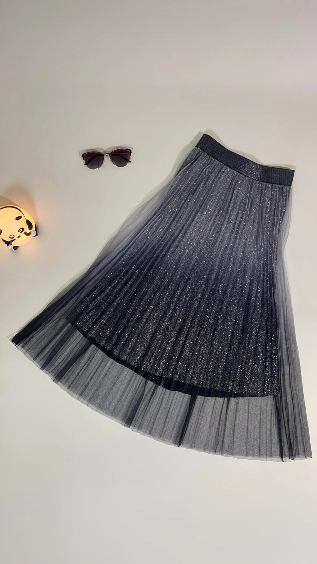 Holographic Pleated Skirt with Tulle Overlay - Party Statement Wear