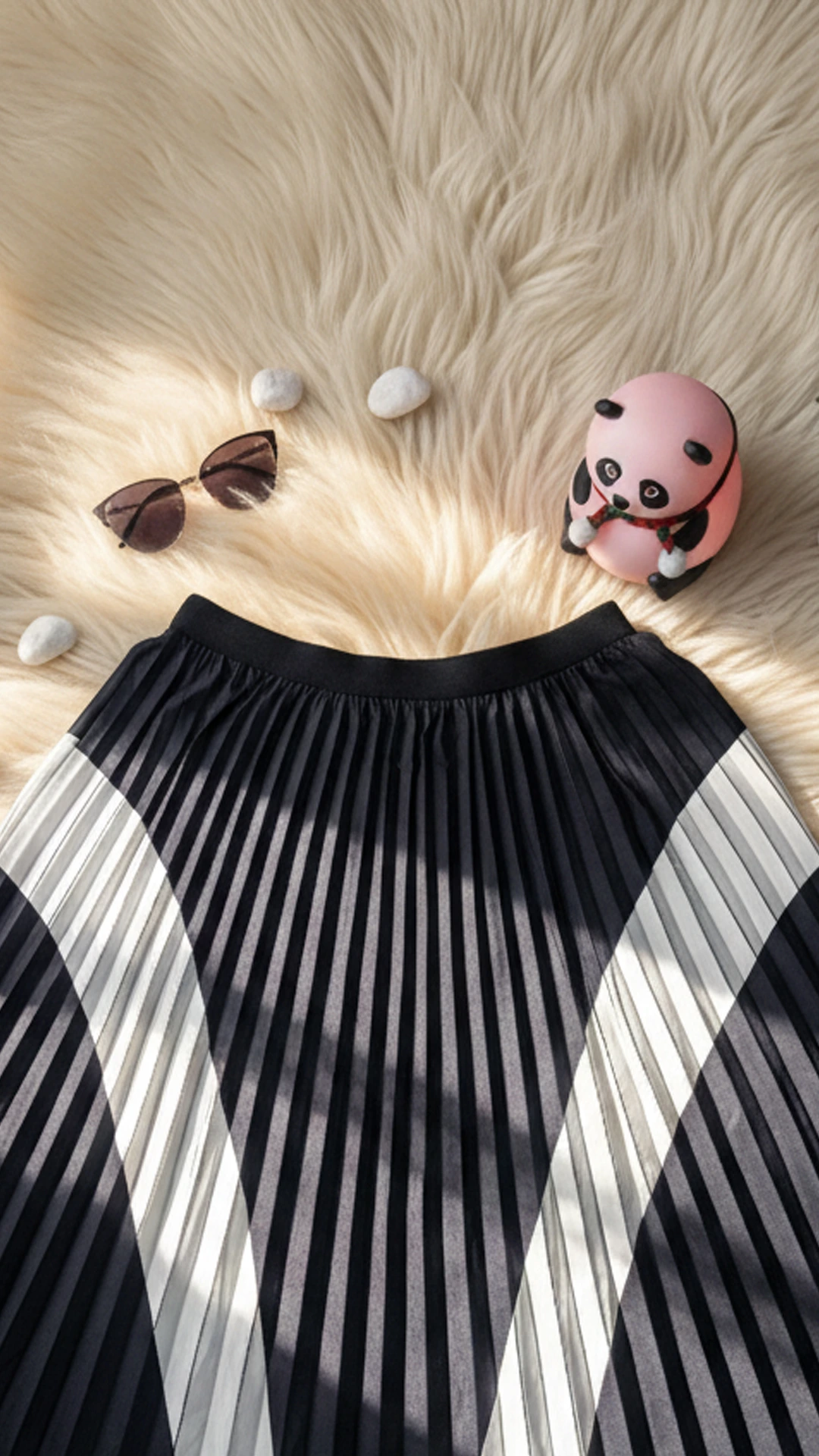 Statement Black White Chevron Pleated Midi Skirt - Elastic Waist