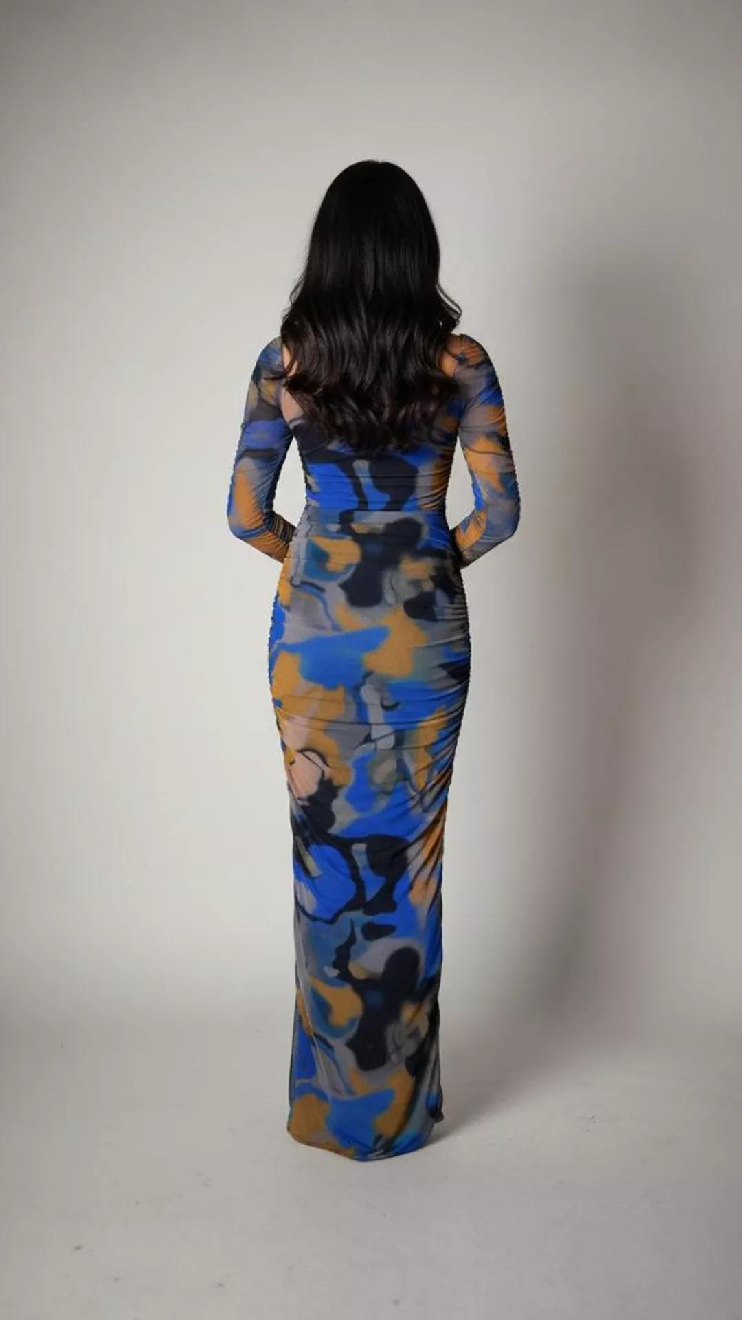 Glam Ruched Abstract Print Maxi Dress - Long Sleeve Bodycon