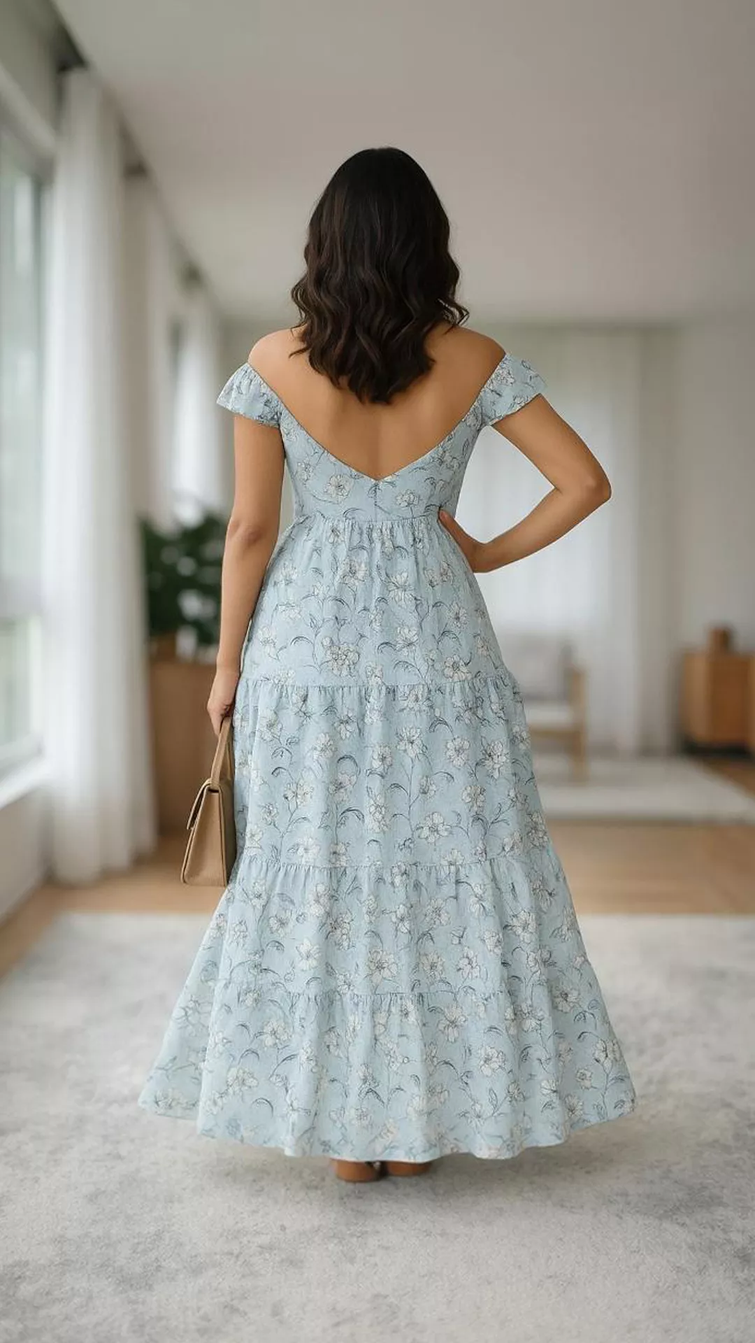 Blue Floral Ruffle Maxi Dress - Teal White Print