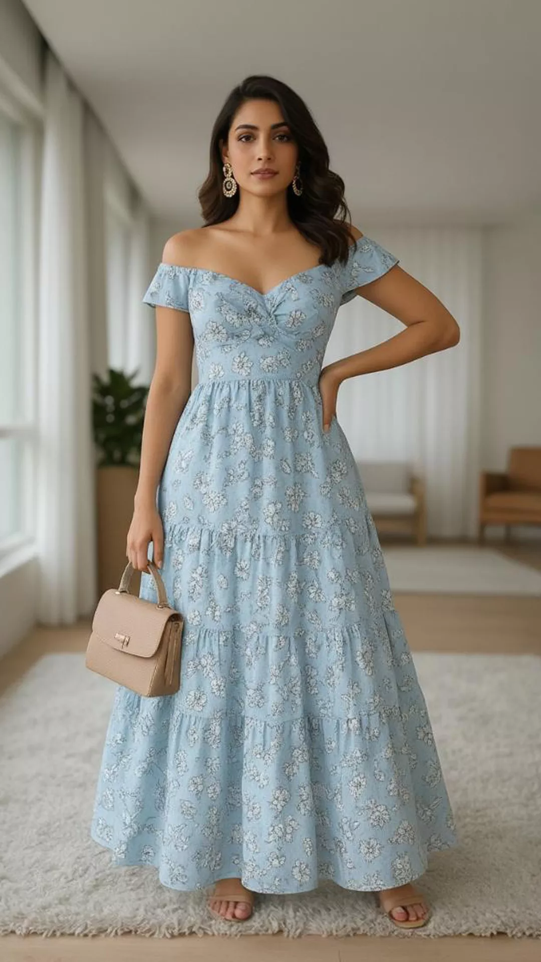 Blue Floral Ruffle Maxi Dress - Teal White Print