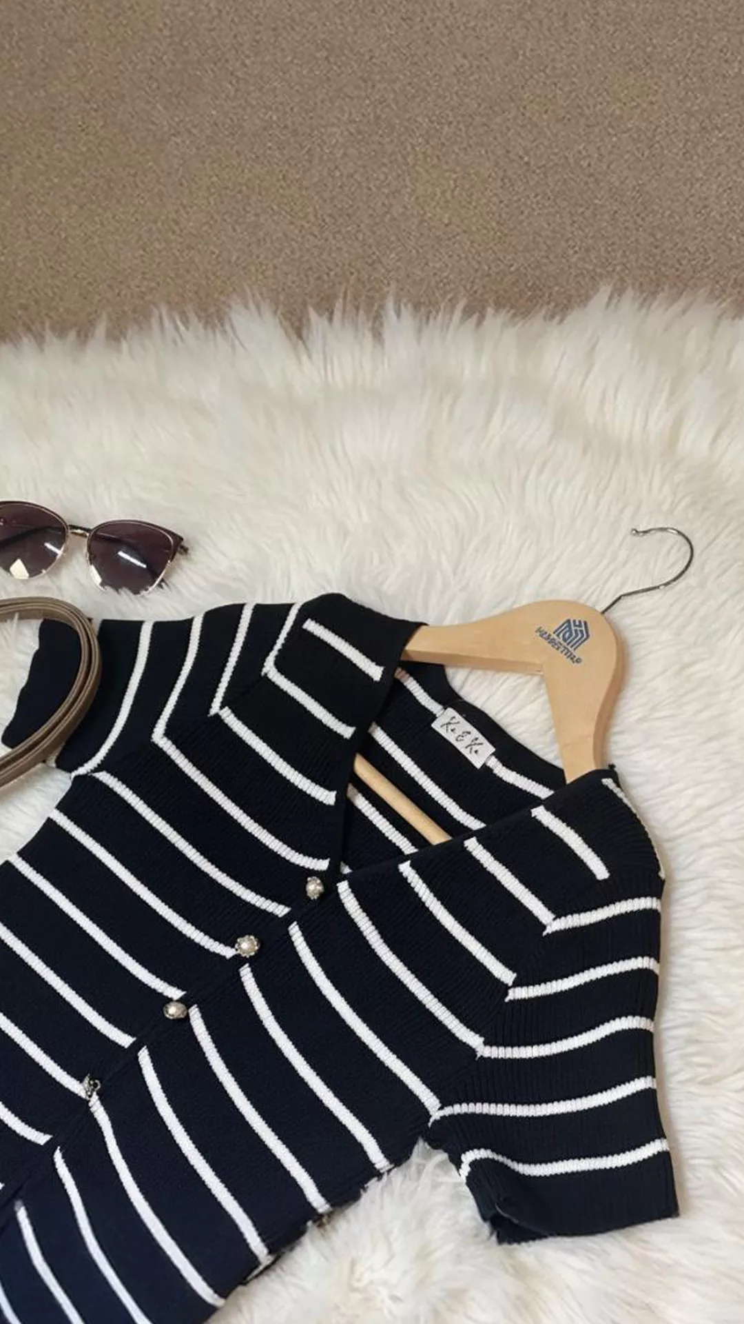 Classic Striped Knit Co-ord Set - Cardigan Top Midi Pencil Skirt