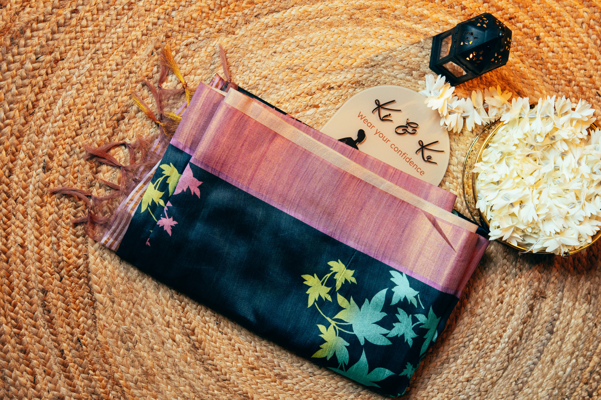 Black Tussar Silk Saree with Neon Kalamkari Print