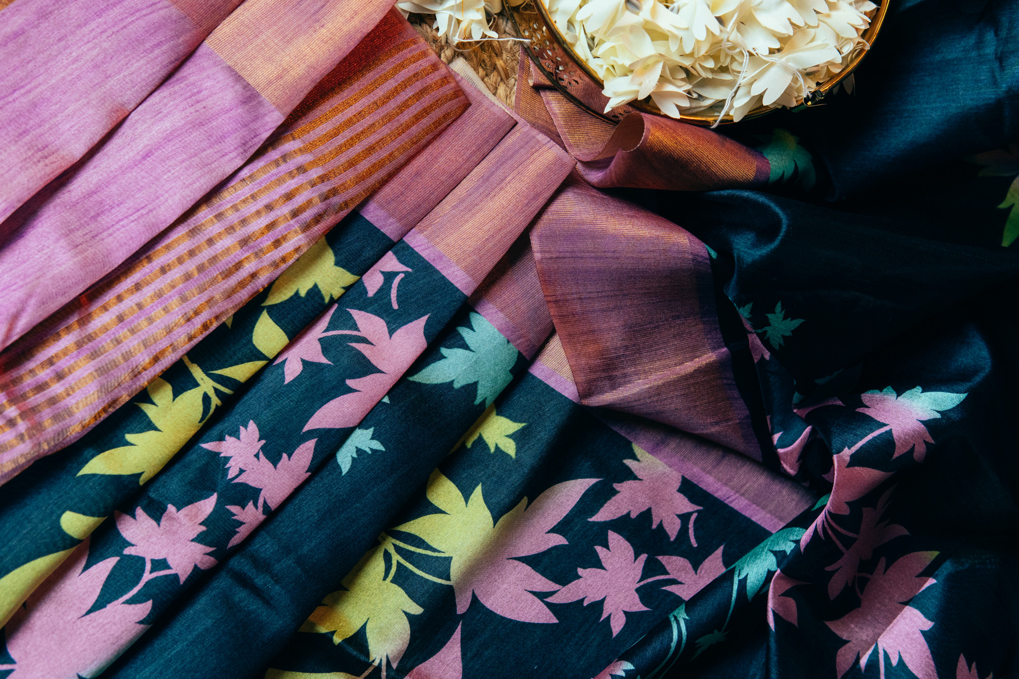 Black Tussar Silk Saree with Neon Kalamkari Print