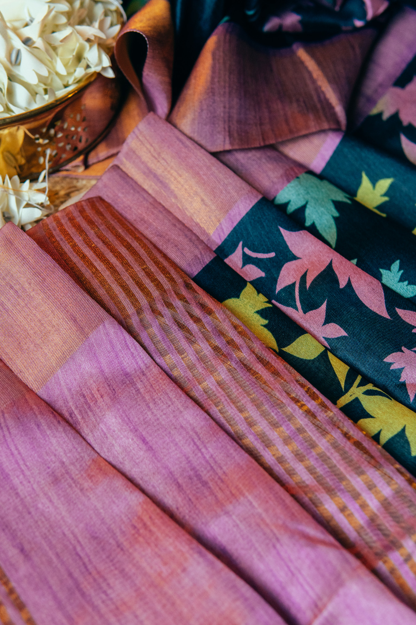 Black Tussar Silk Saree with Neon Kalamkari Print