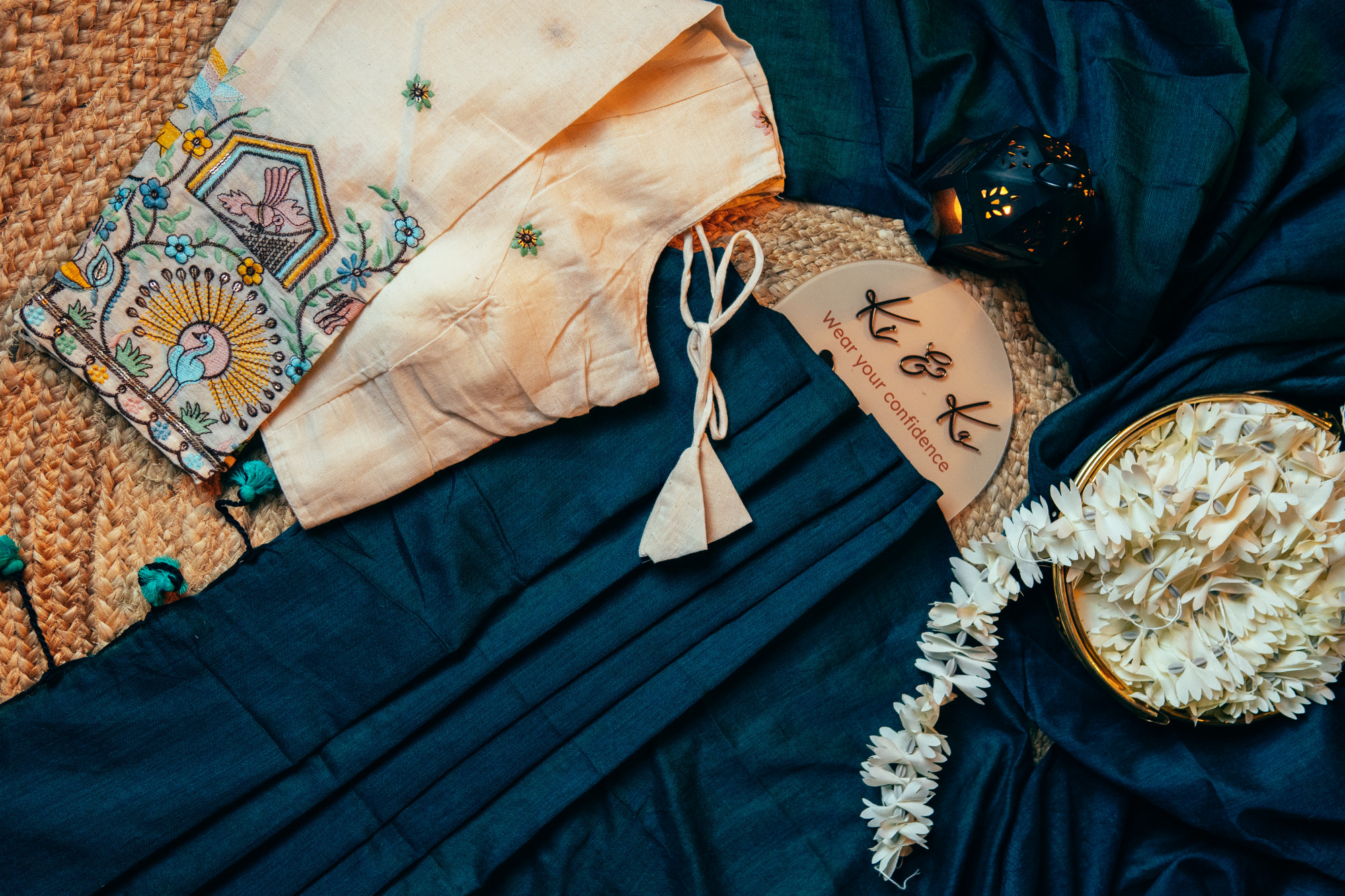 Teal Bluse Khadi Cotton Saree with Khadi Cotton Ready made Blouse