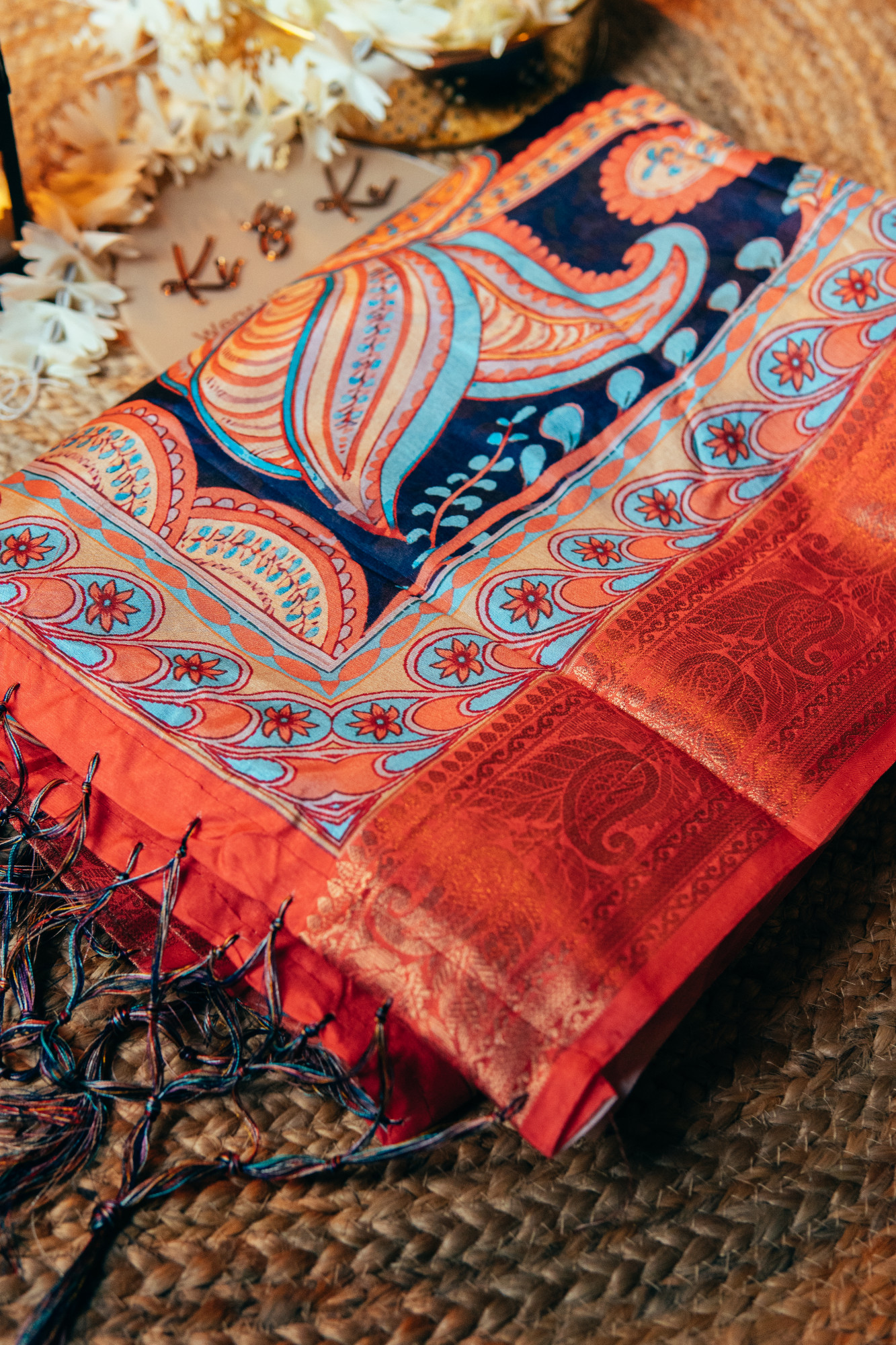 Blue Tussar Silk Saree with Neon Kalamkari Print