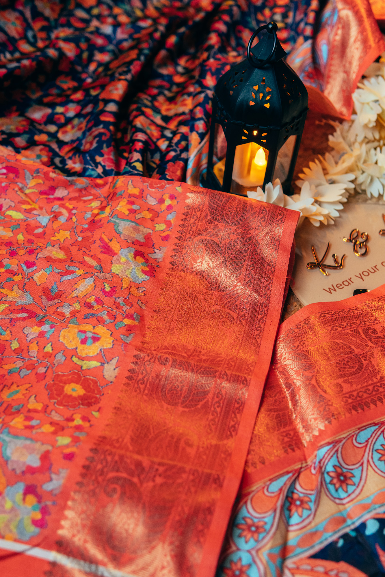 Blue Tussar Silk Saree with Neon Kalamkari Print