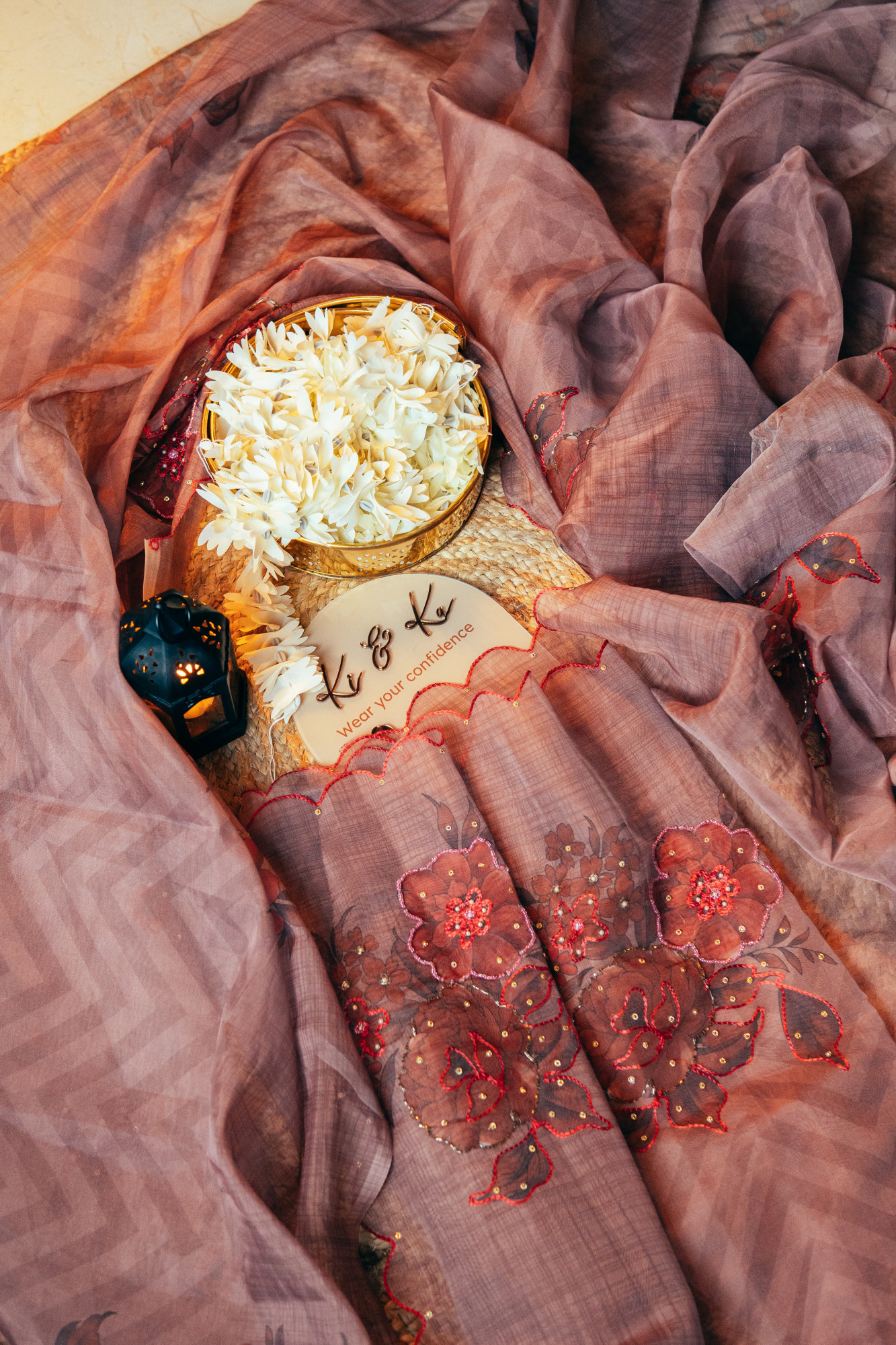 Dusty pink organza silk saree with Khatli work