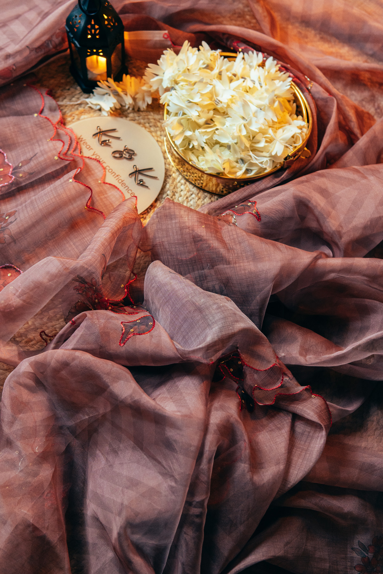 Dusty pink organza silk saree with Khatli work