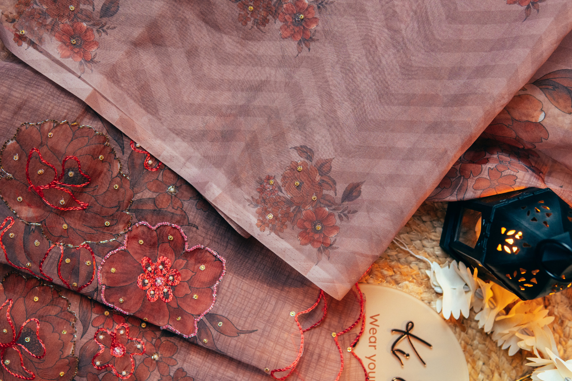 Dusty pink organza silk saree with Khatli work