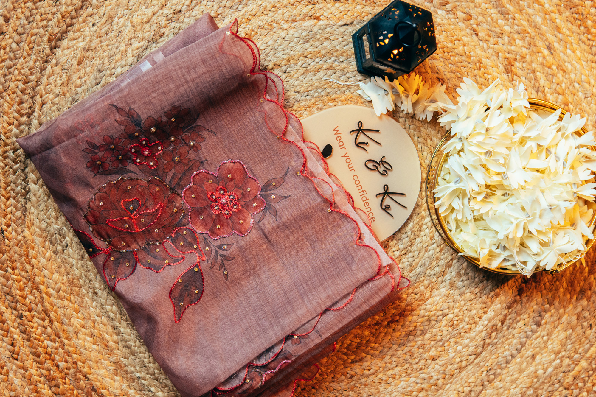 Dusty pink organza silk saree with Khatli work