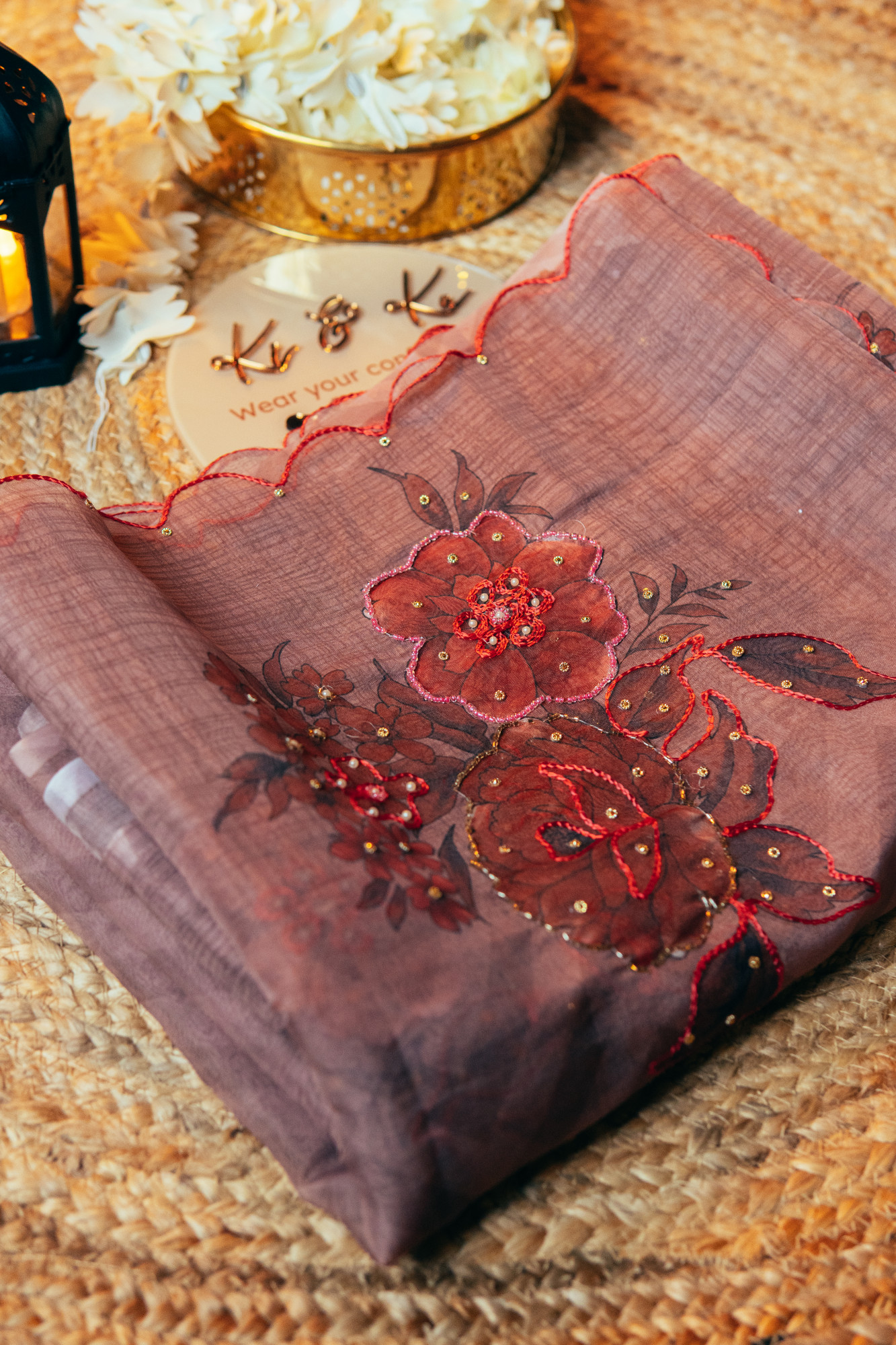 Dusty pink organza silk saree with Khatli work