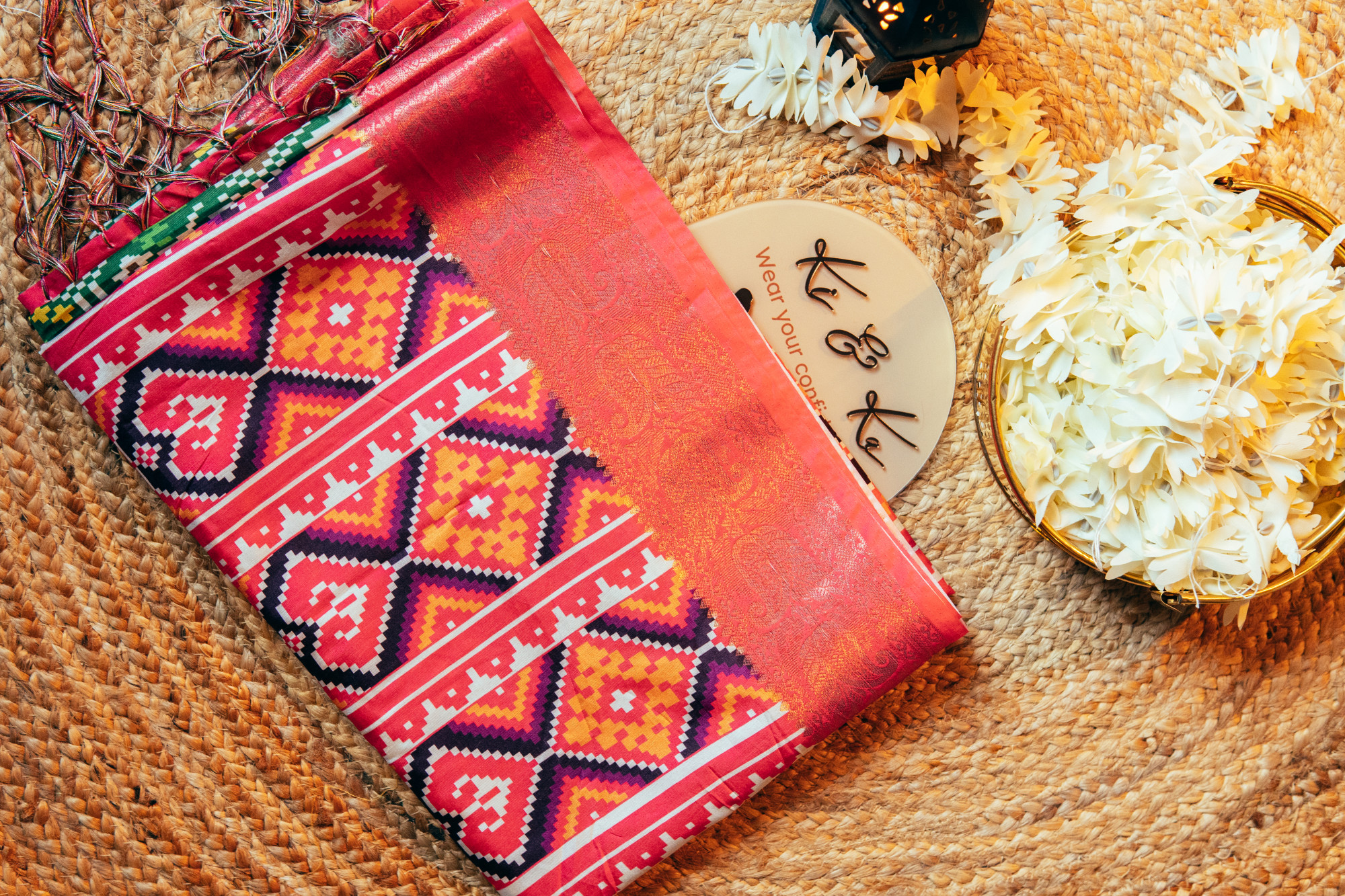 Green tussar silk saree with zari motif border