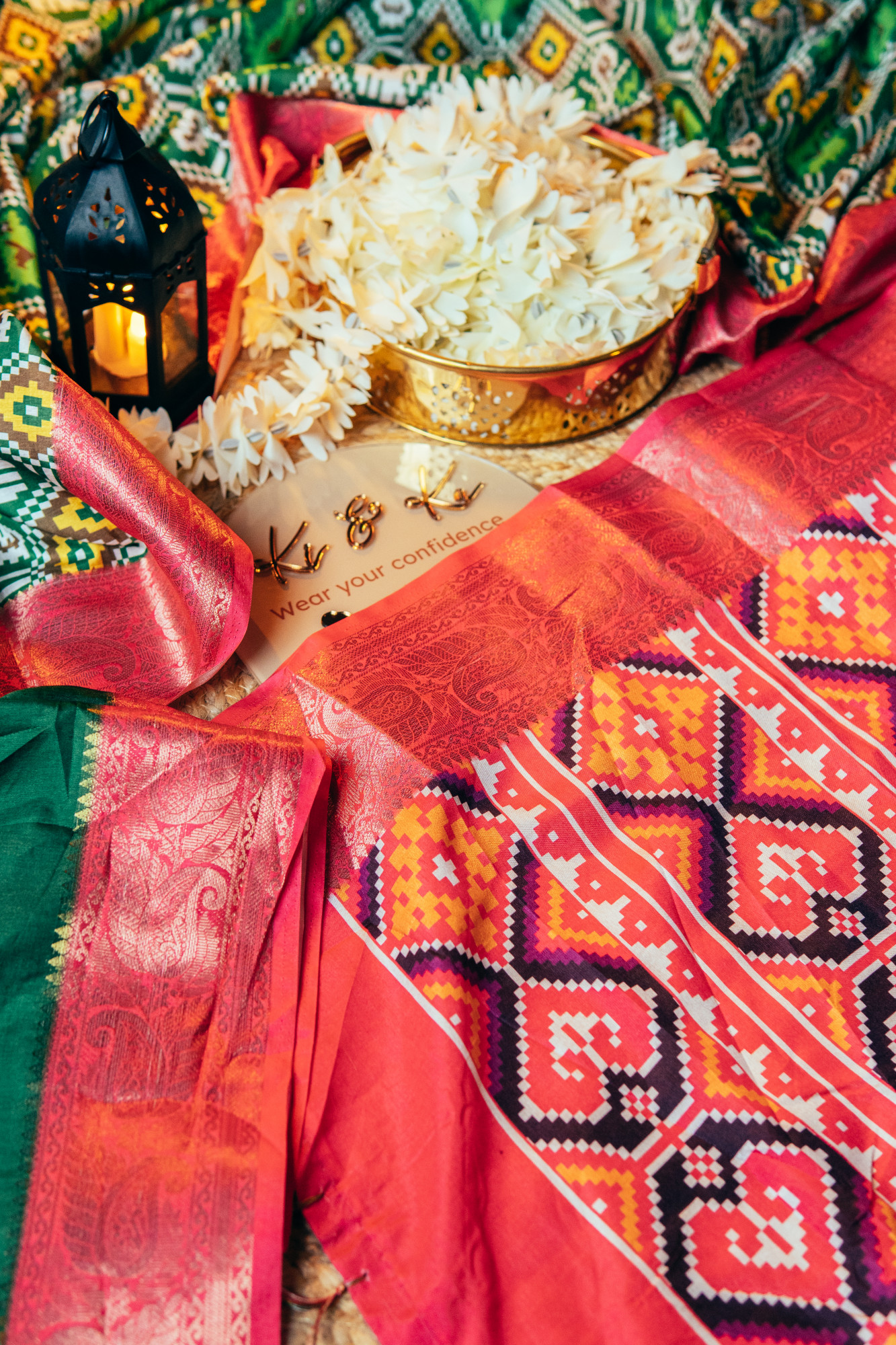 Green tussar silk saree with zari motif border