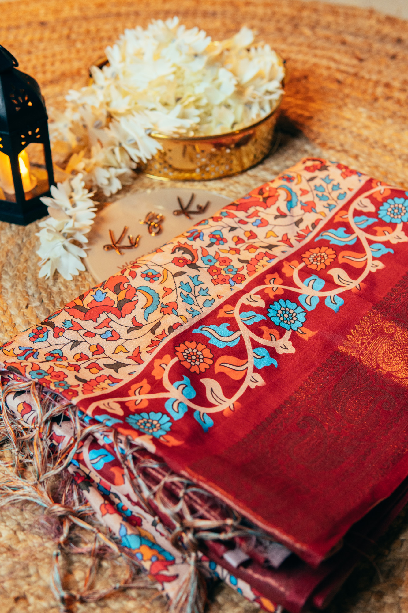 Multi Kalamakari floral printed tussar silk saree with zari motif border