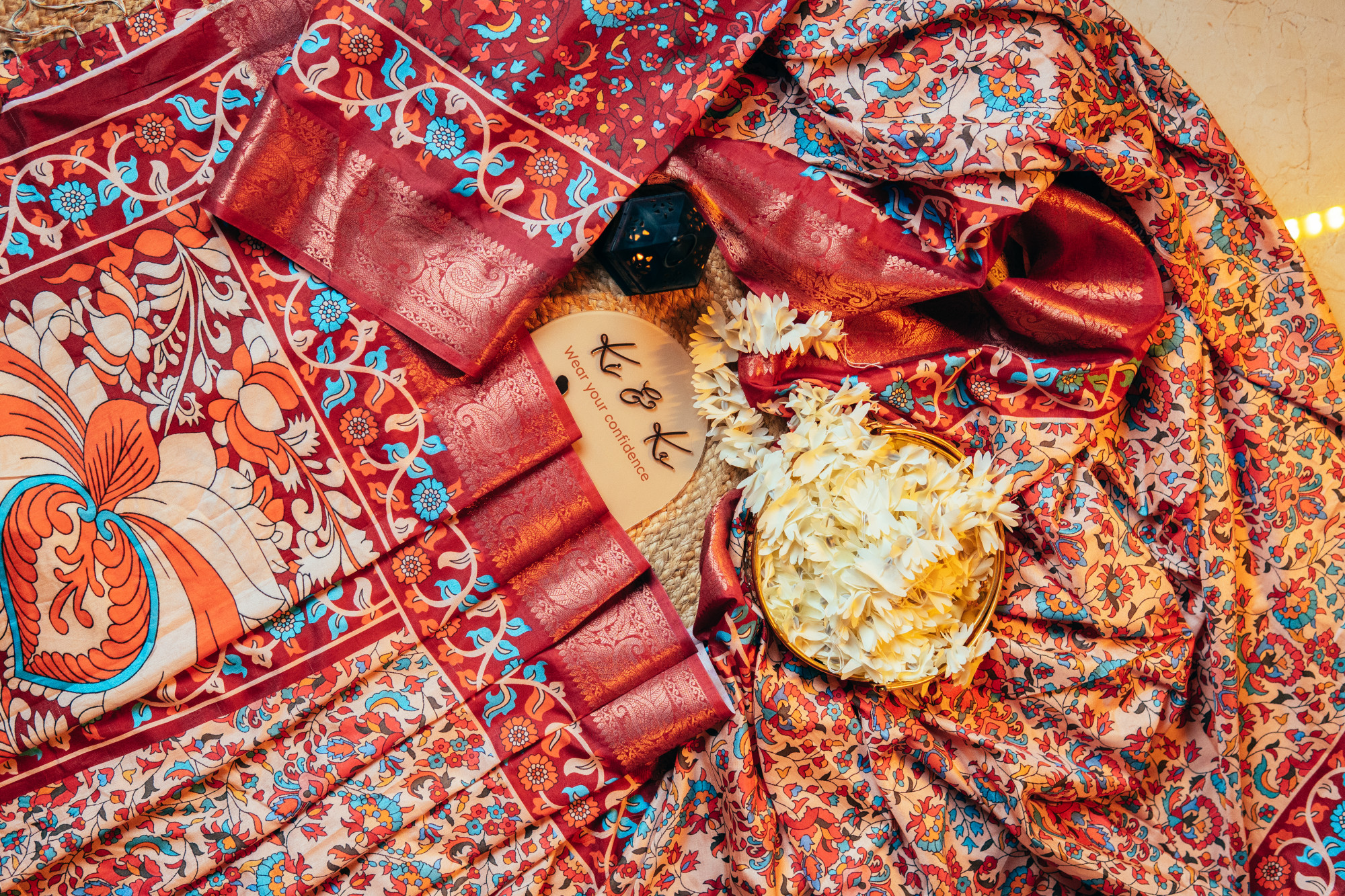 Multi Kalamakari floral printed tussar silk saree with zari motif border