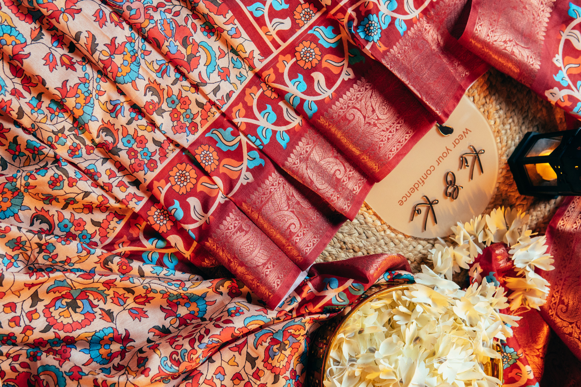 Multi Kalamakari floral printed tussar silk saree with zari motif border