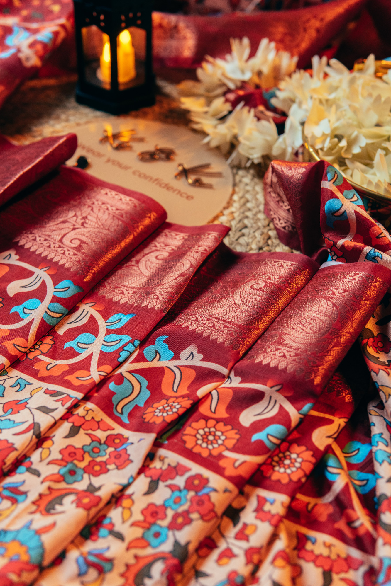 Multi Kalamakari floral printed tussar silk saree with zari motif border