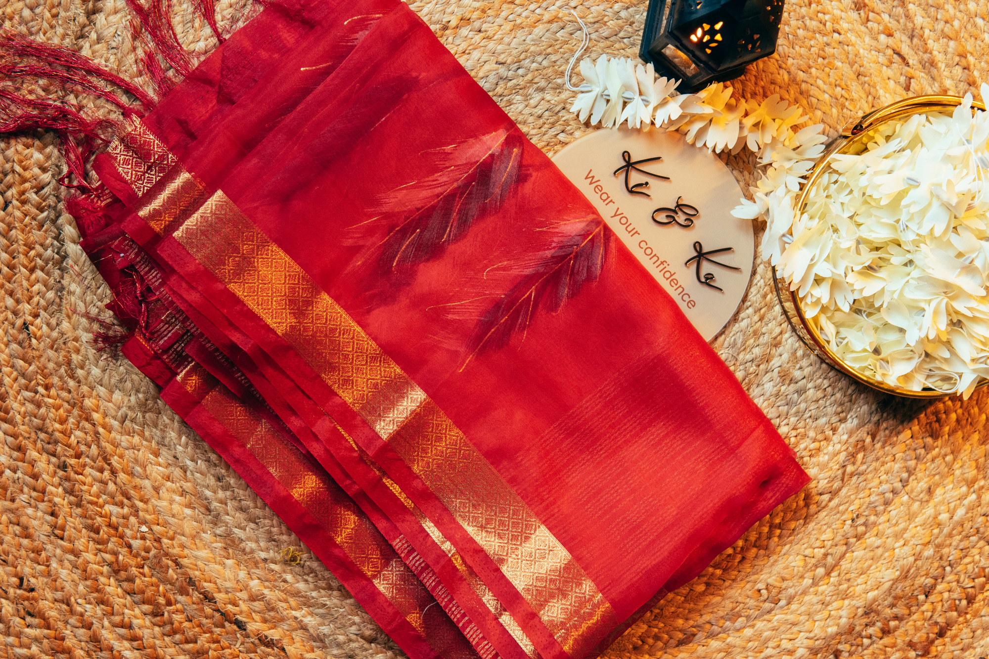 Deep Red Soft Organza Silk Saree with Elegant Foil Print Zari Border