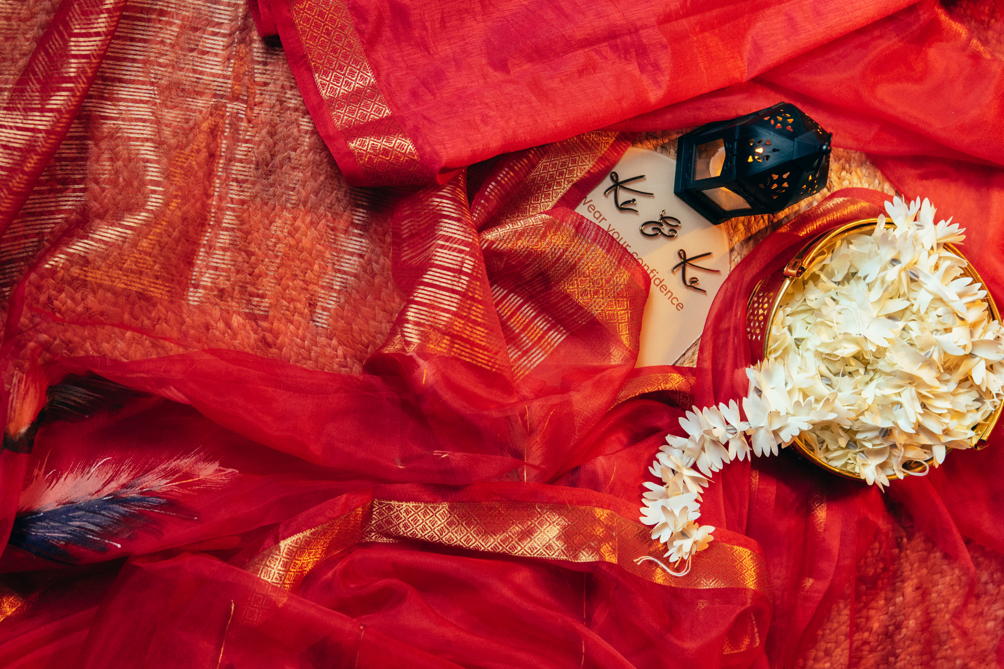 Deep Red Soft Organza Silk Saree with Elegant Foil Print Zari Border