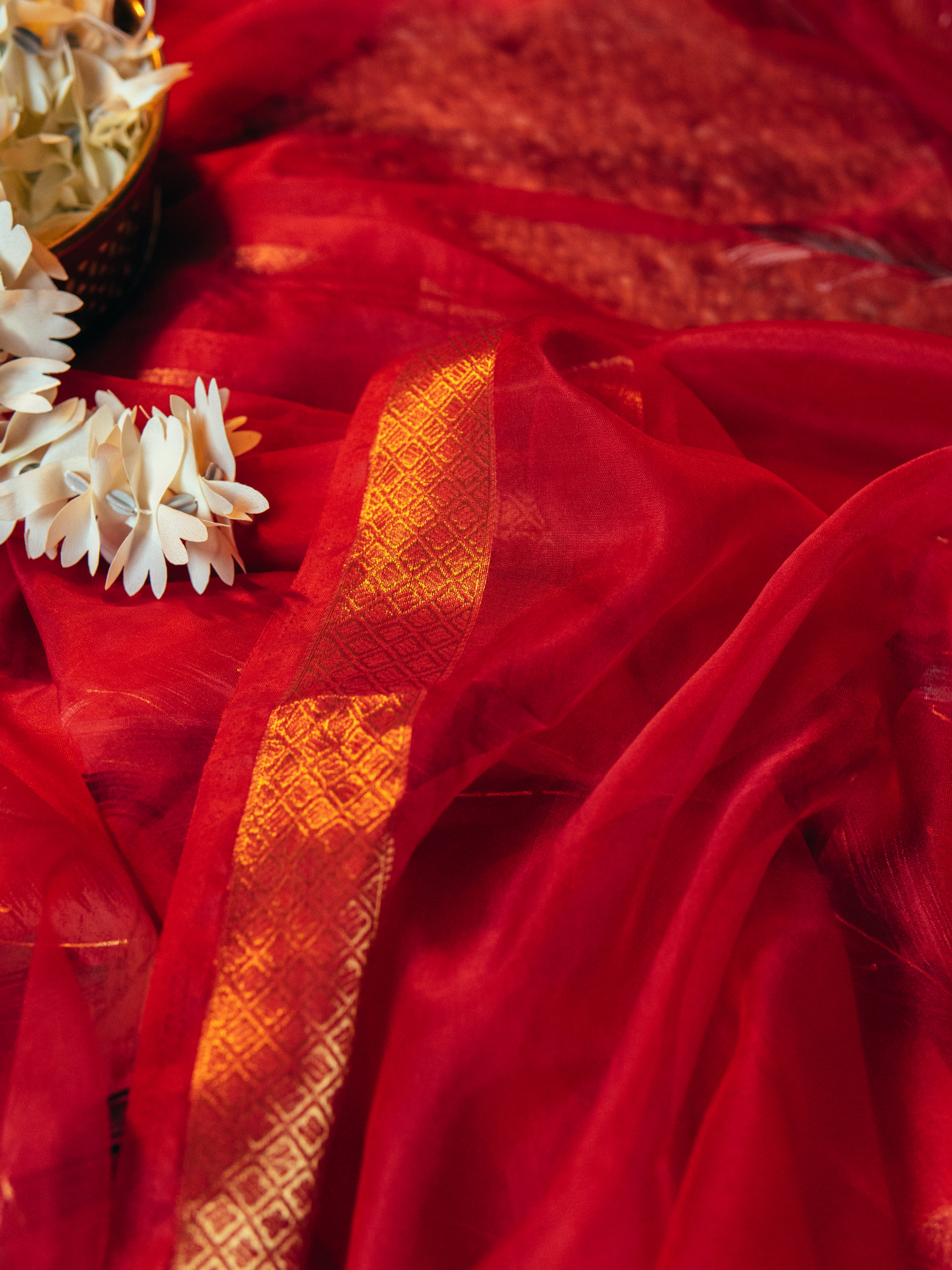 Deep Red Soft Organza Silk Saree with Elegant Foil Print Zari Border