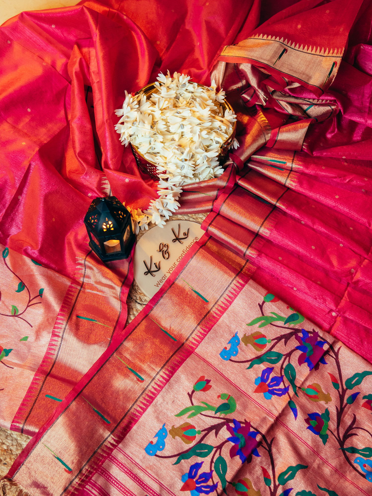 Pink raw silk saree with meenakari weaving paithani pallu