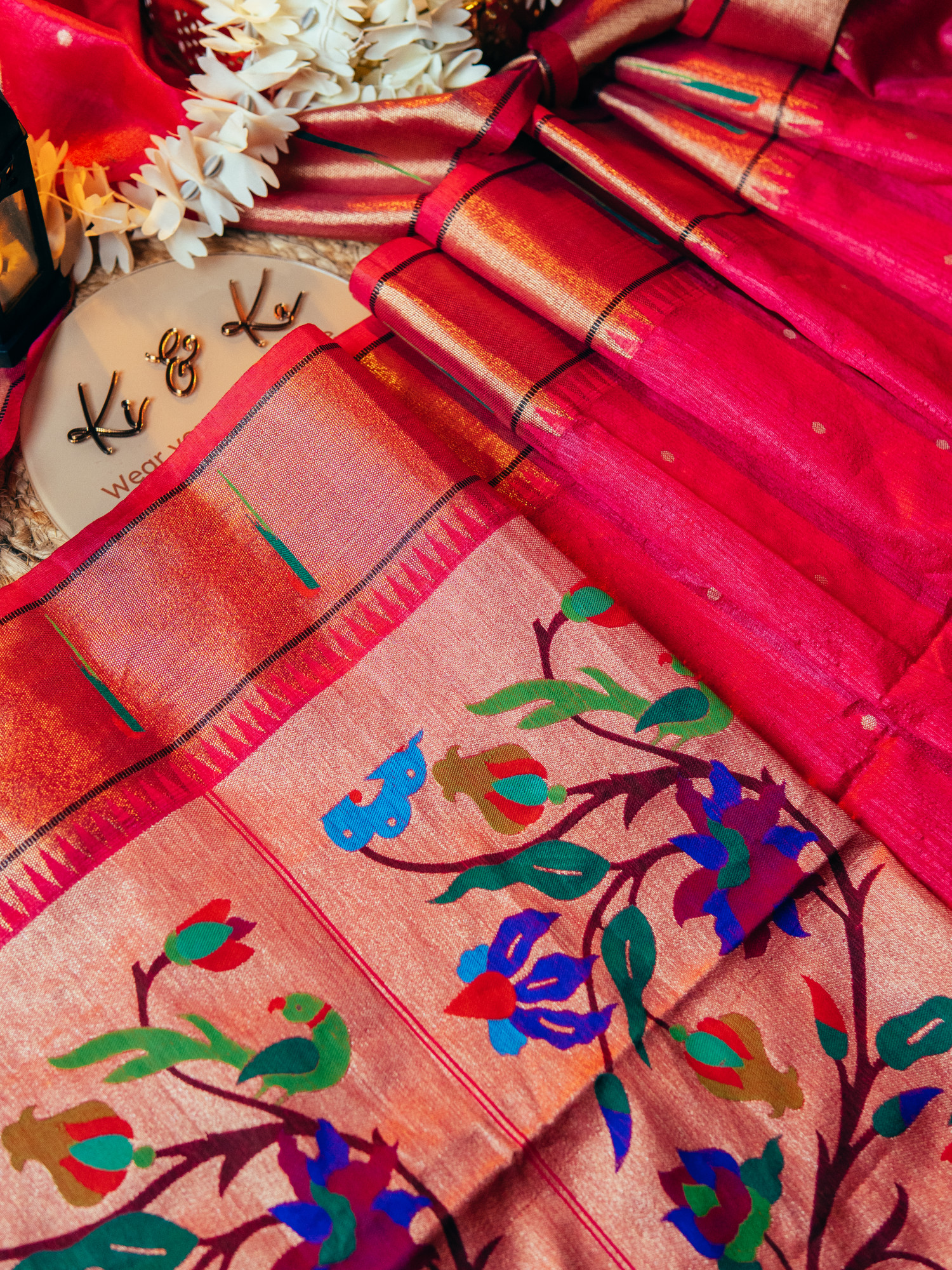 Pink raw silk saree with meenakari weaving paithani pallu