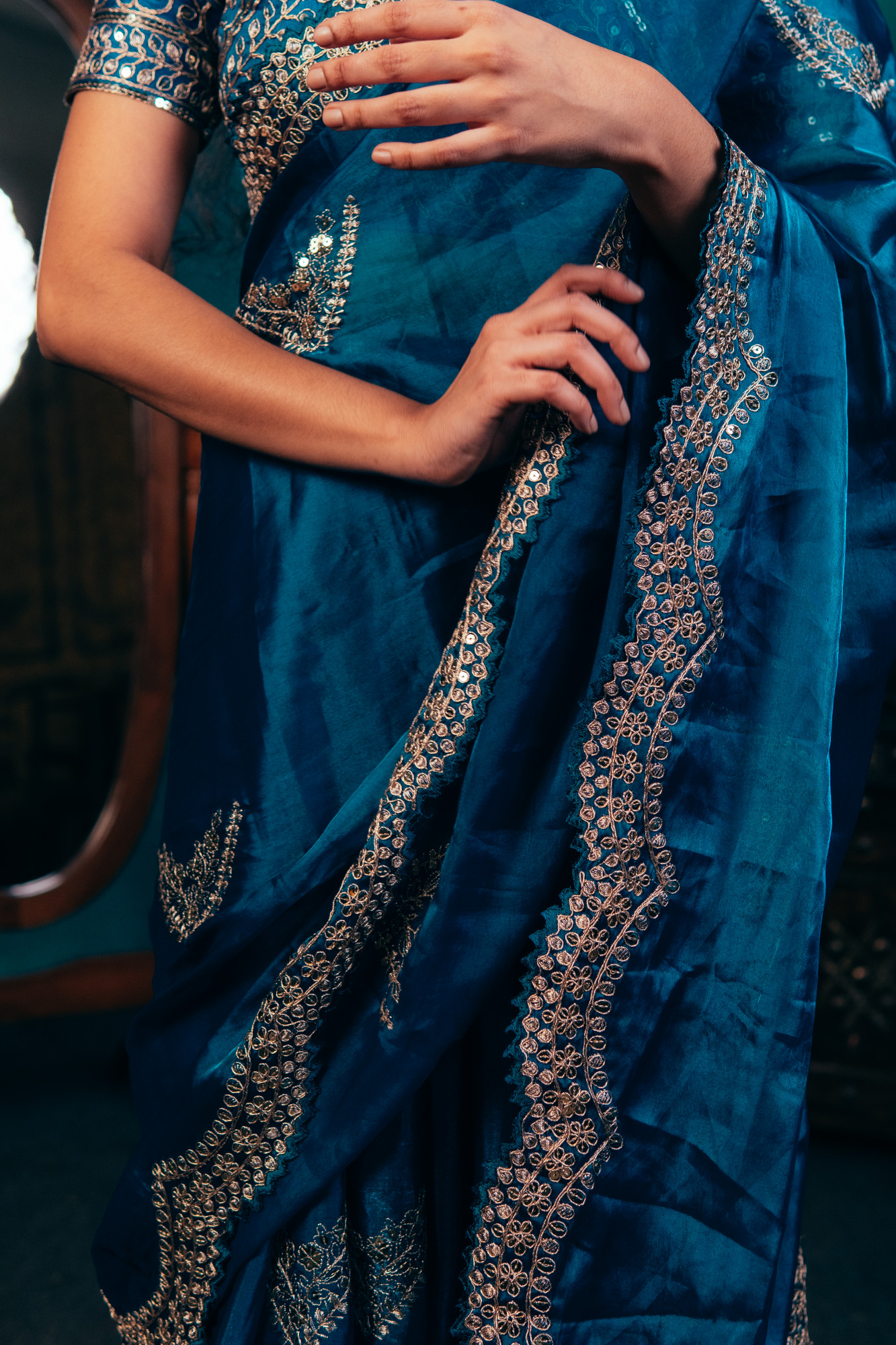 Eternal Blue Shimmer Chiffon Saree