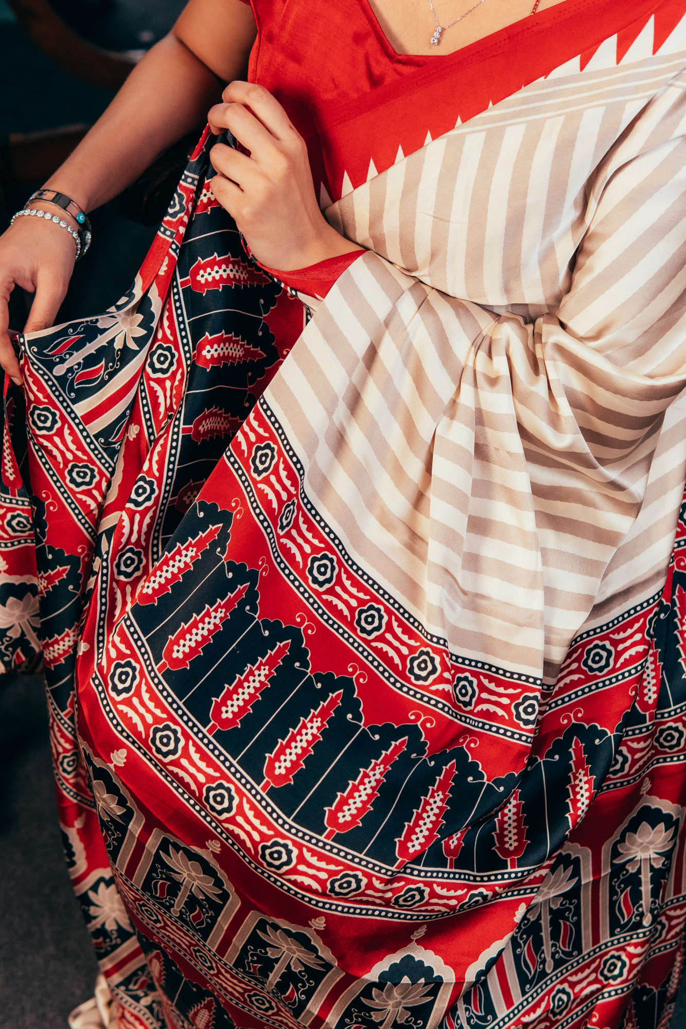 Ivory Red Weave Crepe Silk Saree