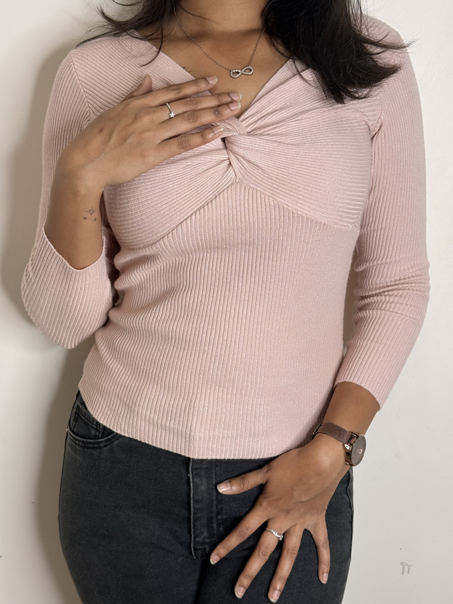 Chic Twisted Knot Ribbed Knit Top - Long Sleeve V-Neck Sweater