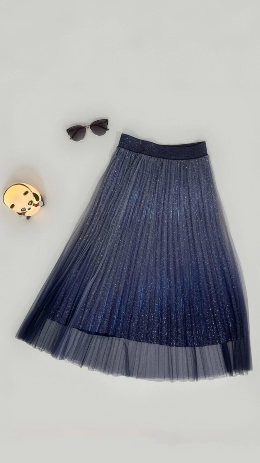 Holographic Pleated Skirt with Tulle Overlay - Party Statement Wear