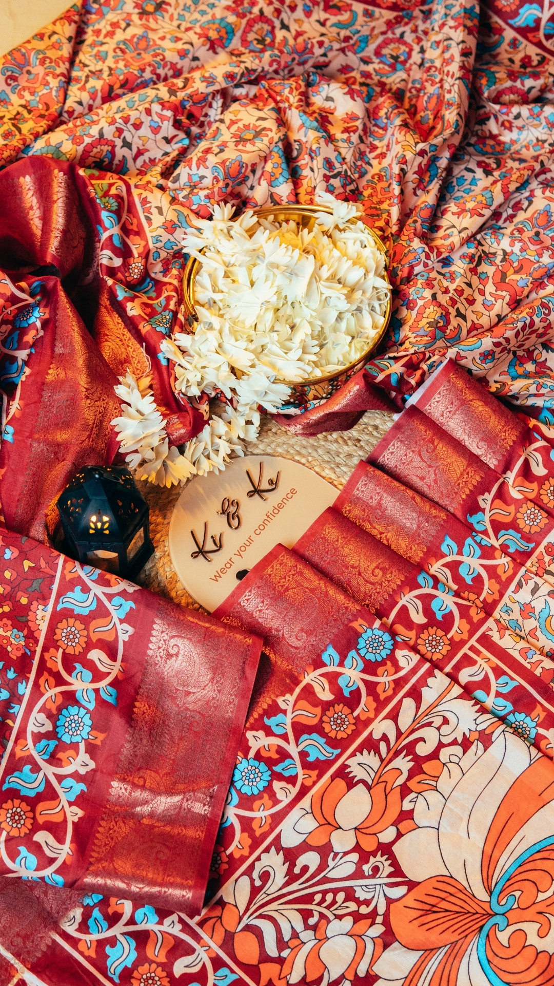 Multi Kalamakari floral printed tussar silk saree with zari motif border