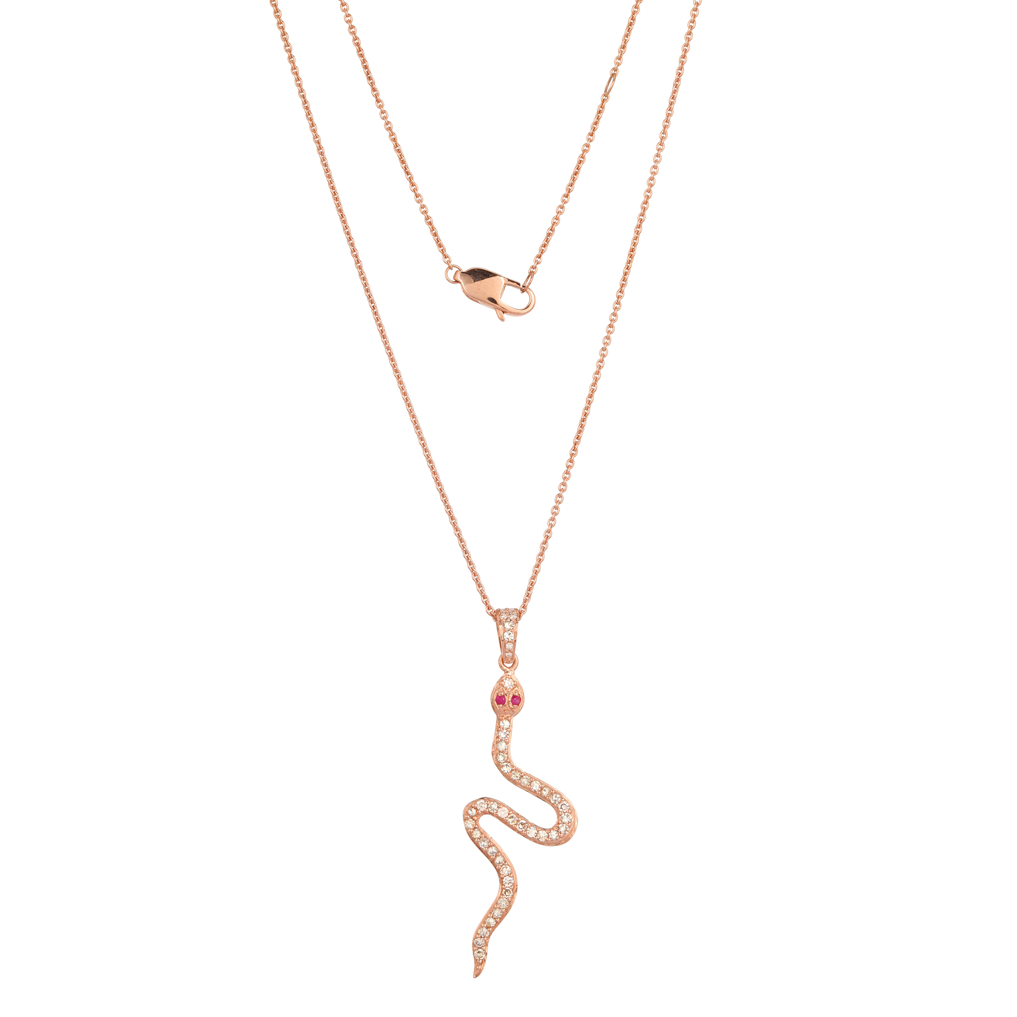 Rose Gold Snake Diamond Pendant with Chain with Ruby eyes
