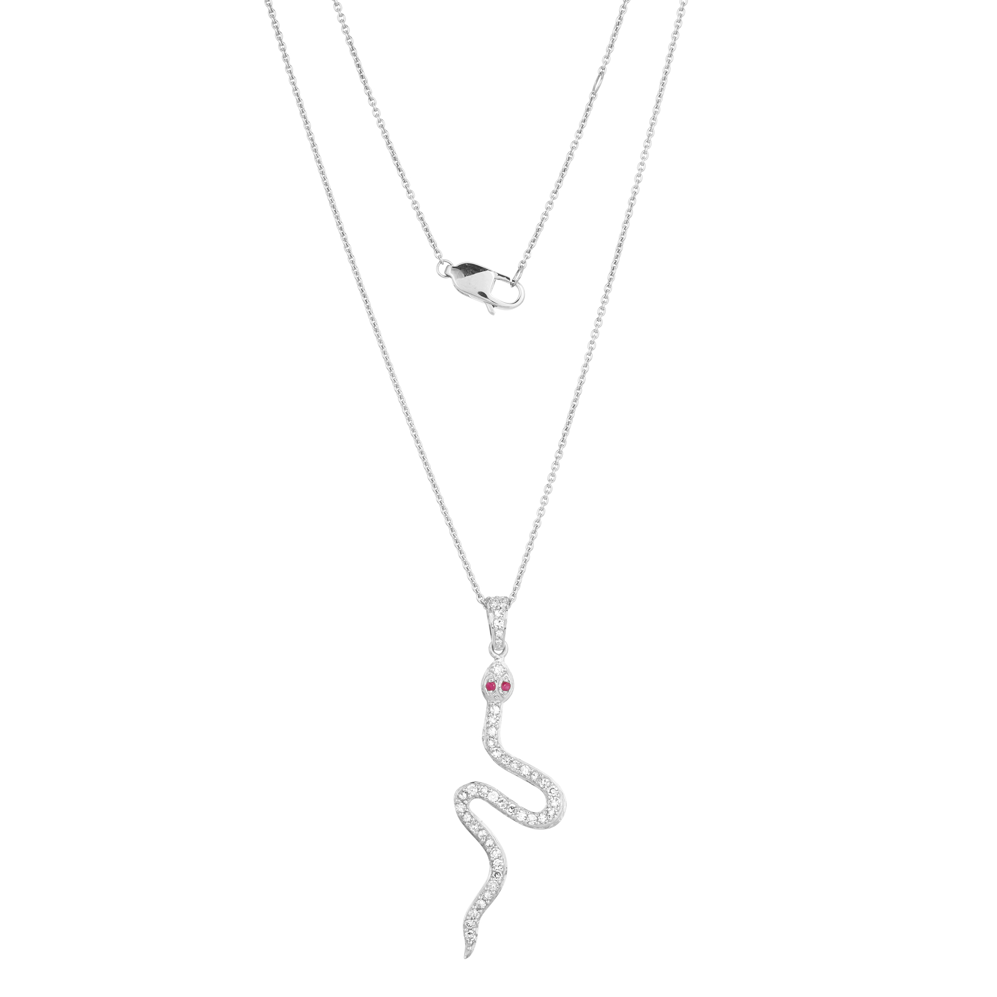 White Gold Snake Diamond Pendant with Chain with Ruby eyes