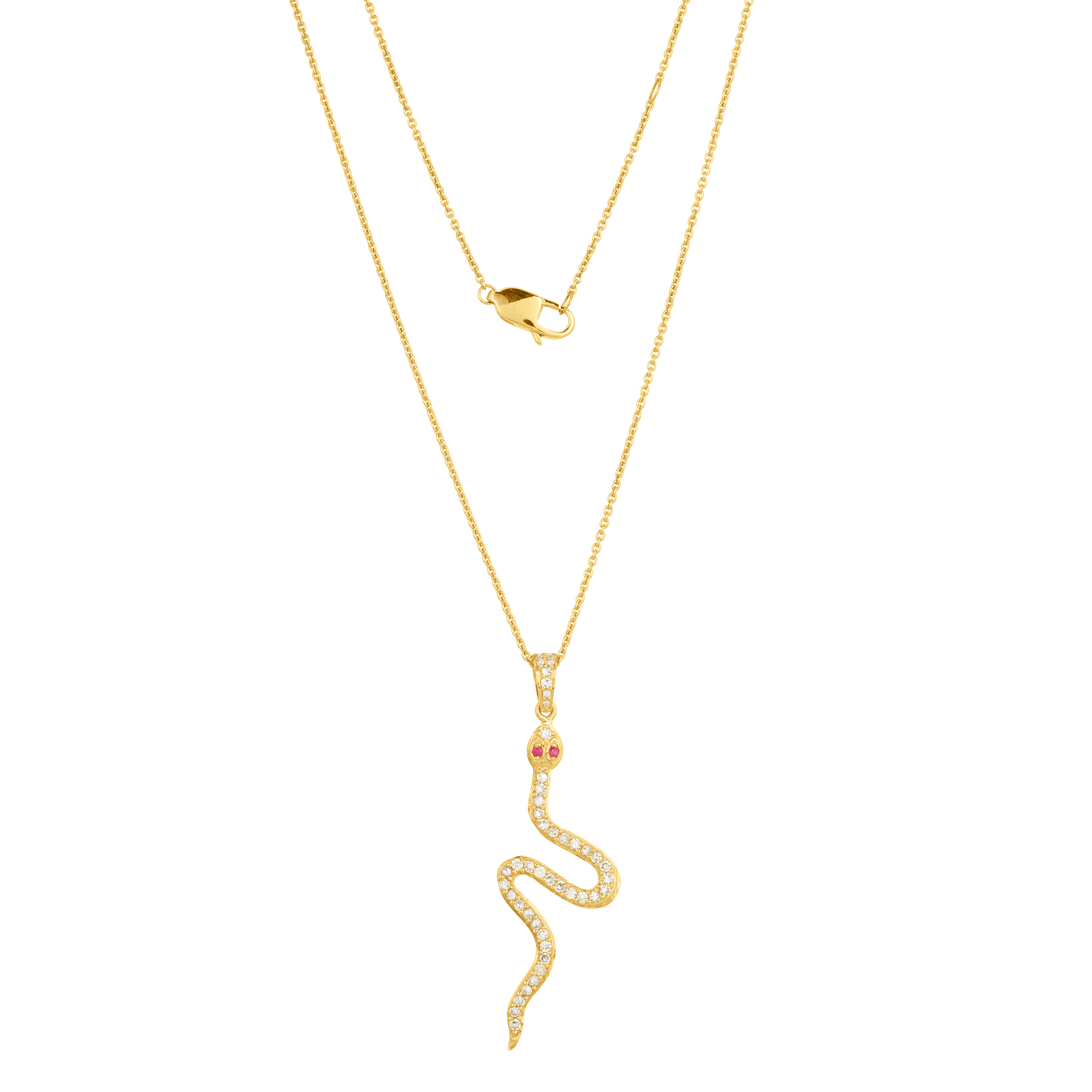 Yellow Gold Snake Diamond Pendant with Chain with Ruby eyes
