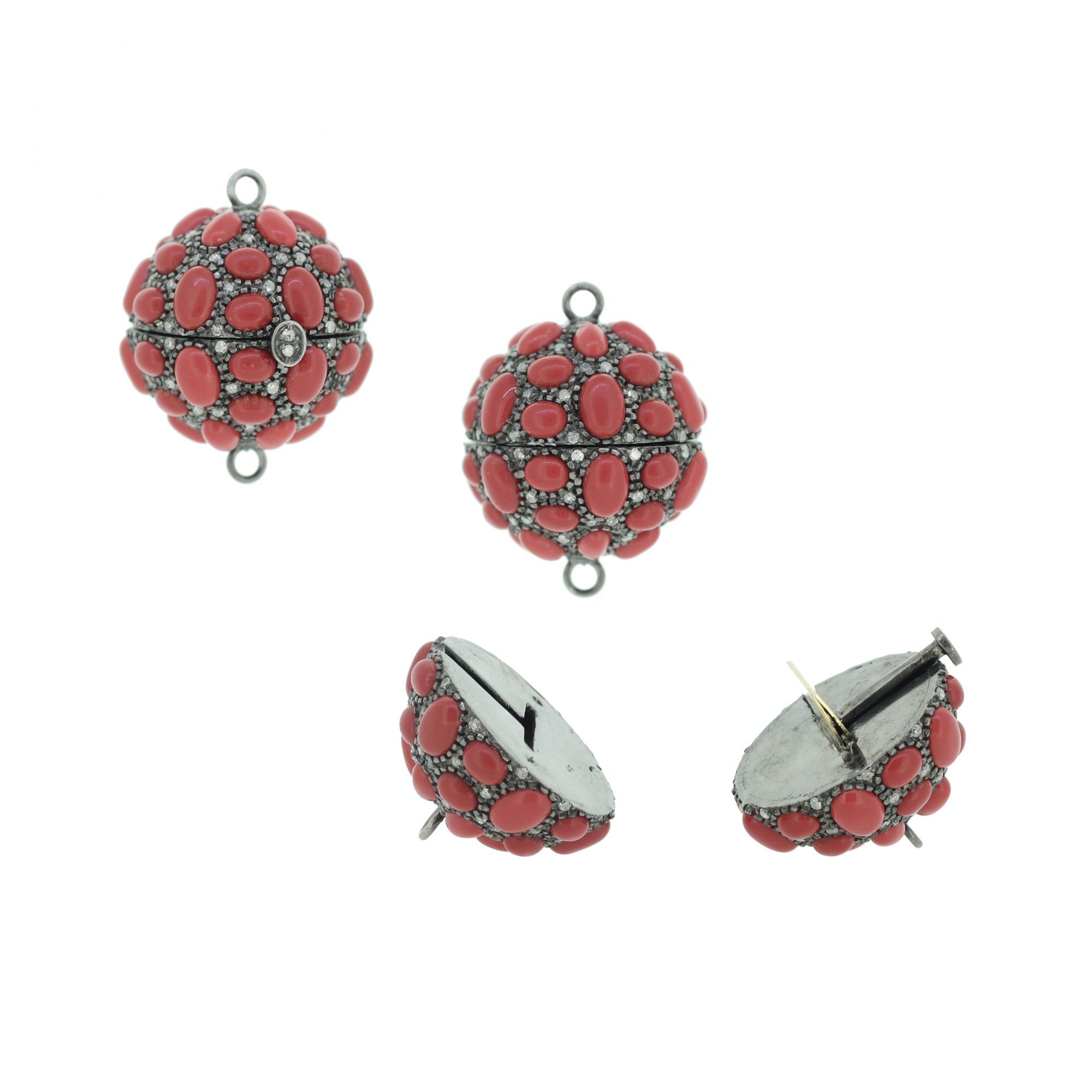 Sterling Silver Coral Ball Clasp with Diamonds