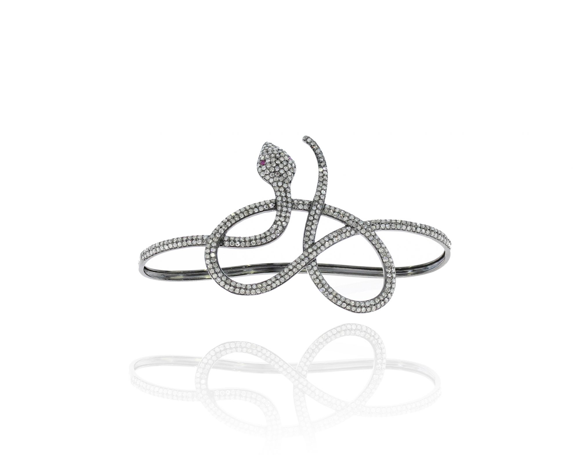 Sterling Silver Snake Palm Bangle with Ruby Eyes