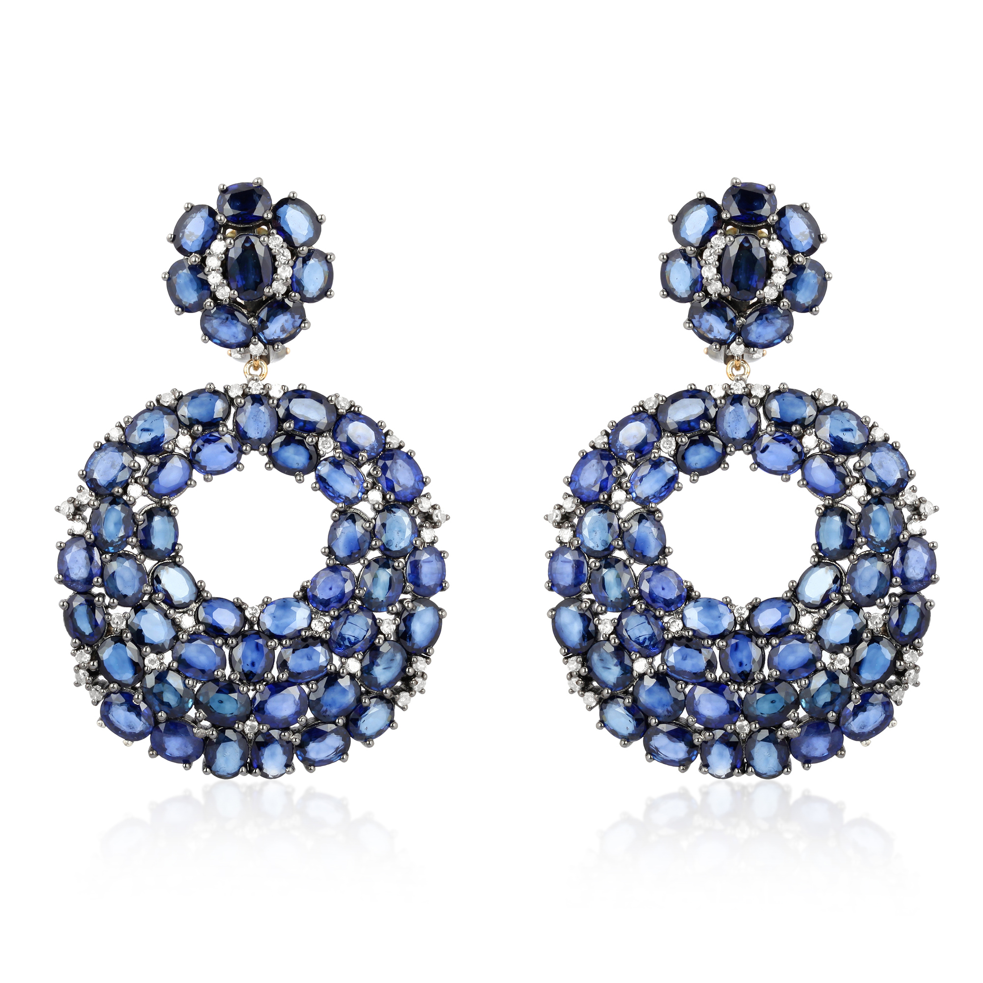 Sterling Silver With 14k Gold Blue Sapphire Dangle Diamond Earrings