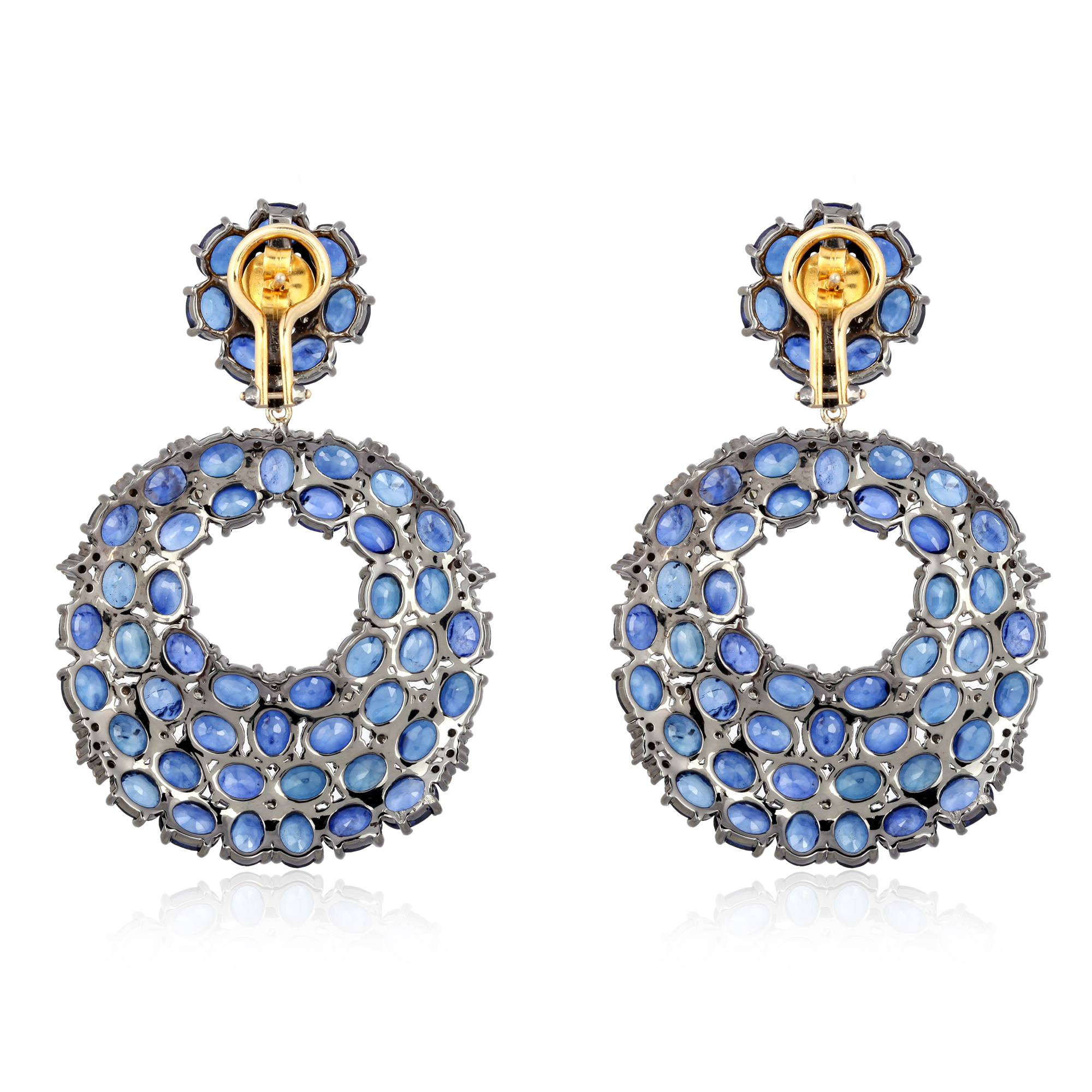 Sterling Silver With 14k Gold Blue Sapphire Dangle Diamond Earrings