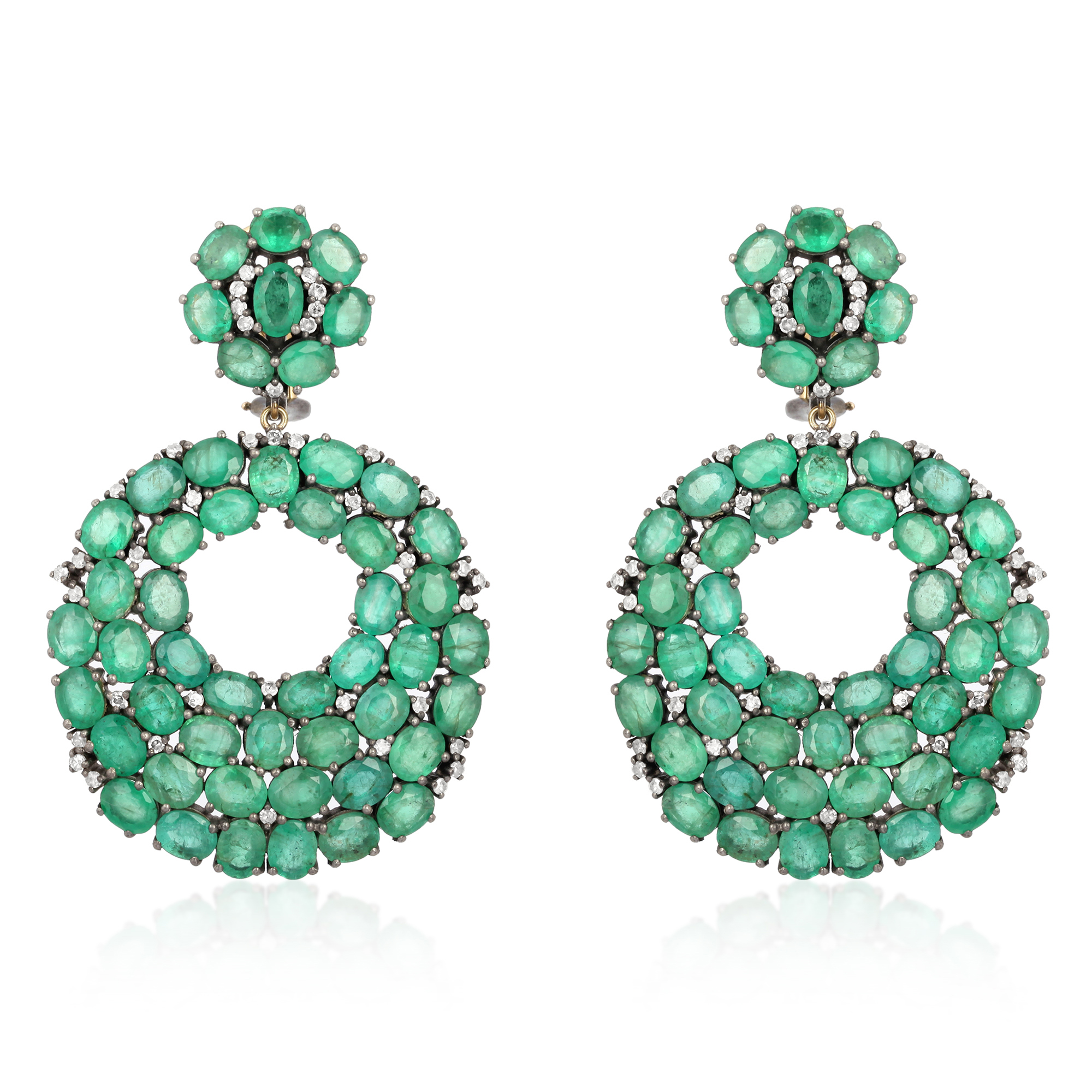 Sterling Silver With 14k Gold Emerald Dangle Diamond Earrings