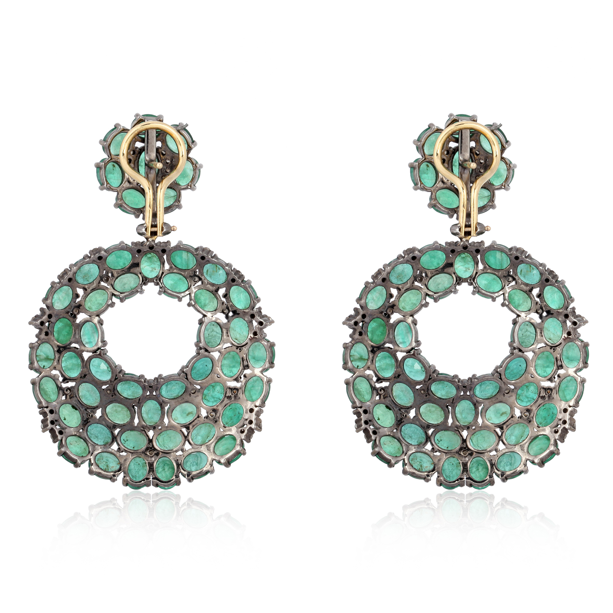 Sterling Silver With 14k Gold Emerald Dangle Diamond Earrings