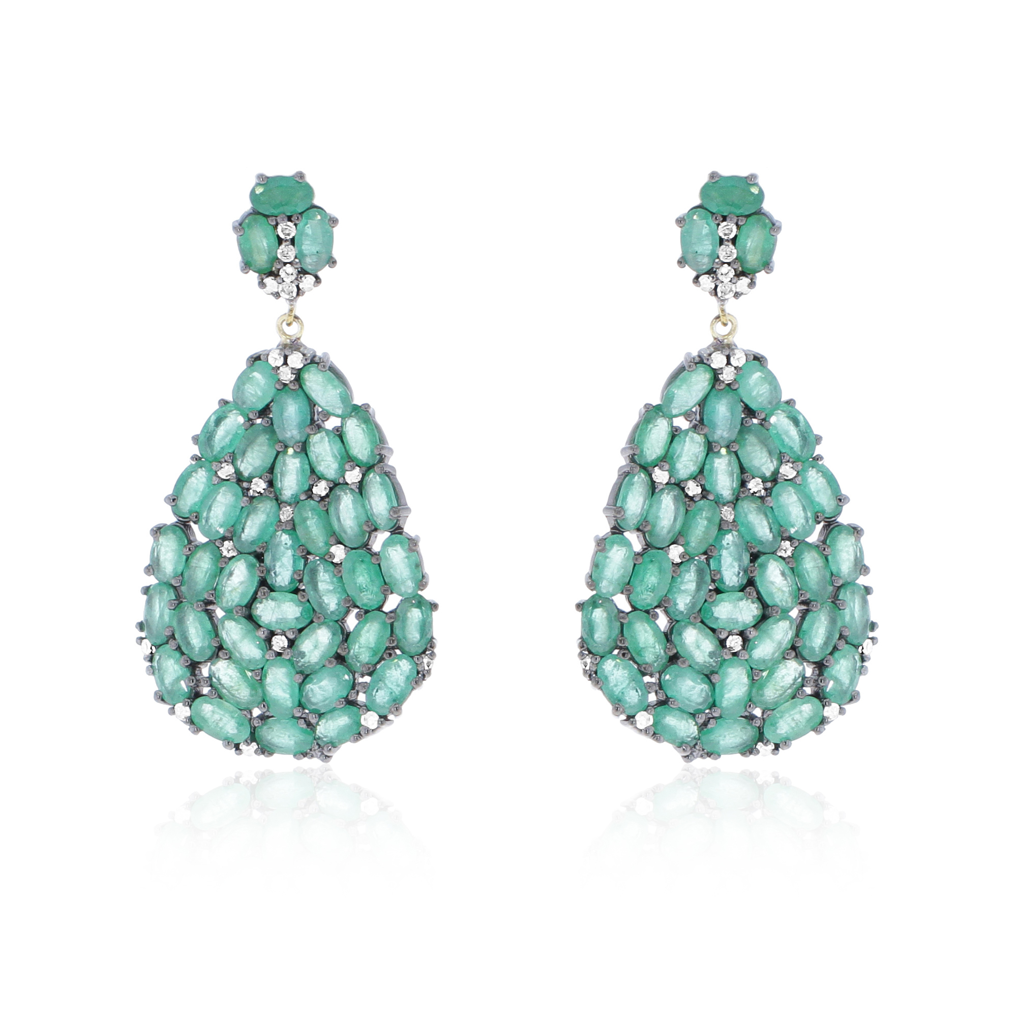 Sterling Silver Close Setting Emerald and Diamond Dangle Earrings