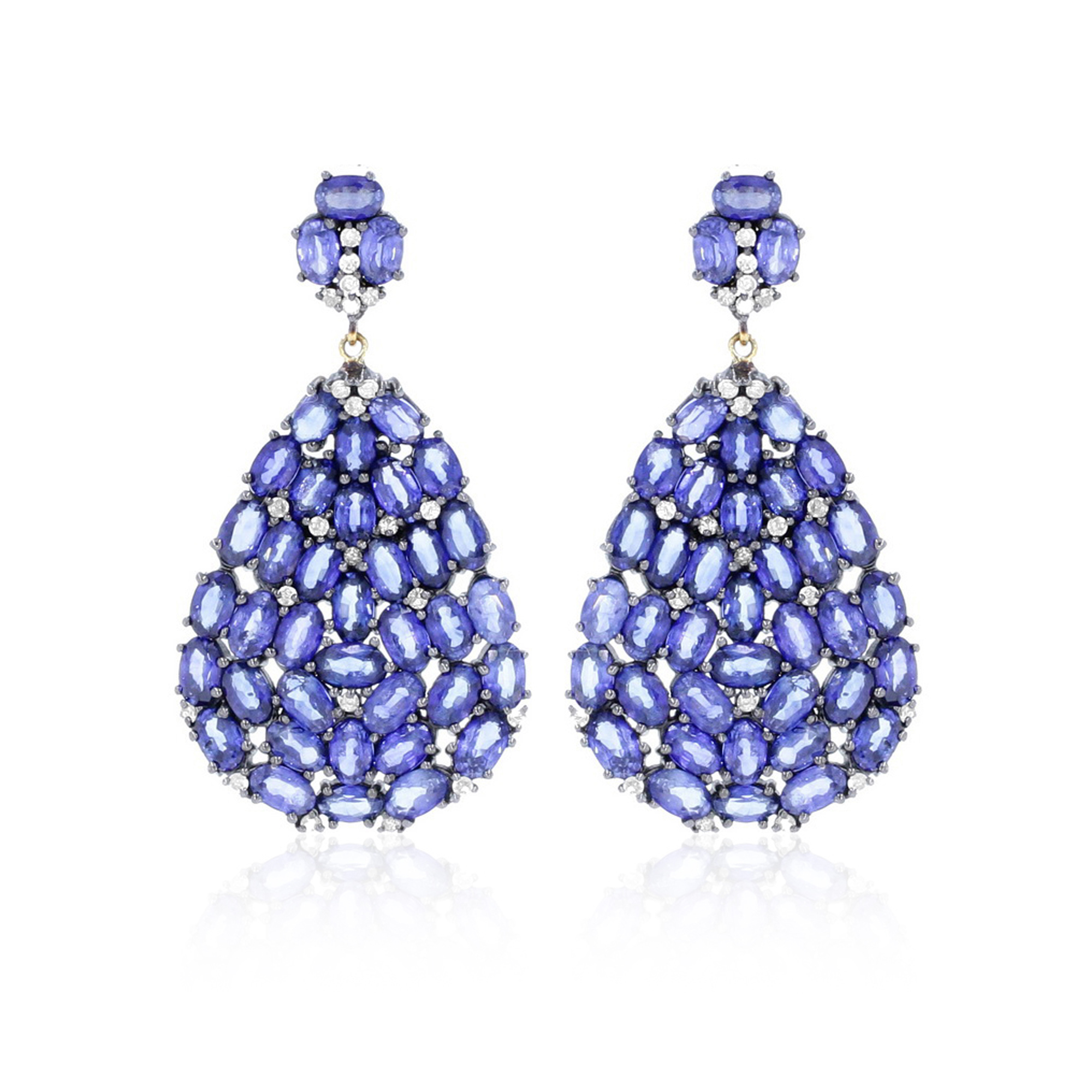 Sterling Silver Close Setting Blue Sapphire and Diamond Dangle Earrings