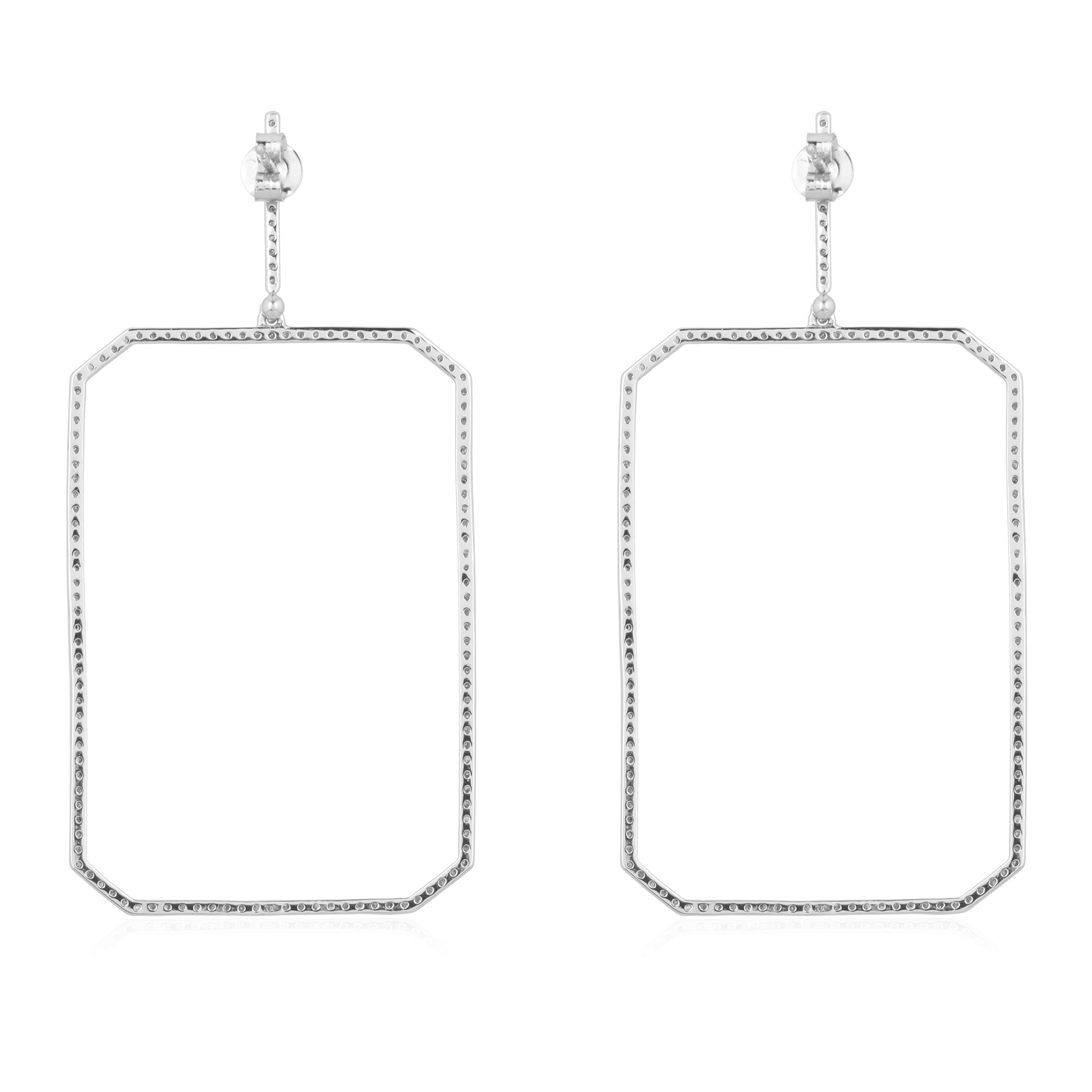 White Gold Diamond Rectangle Dangle Earrings