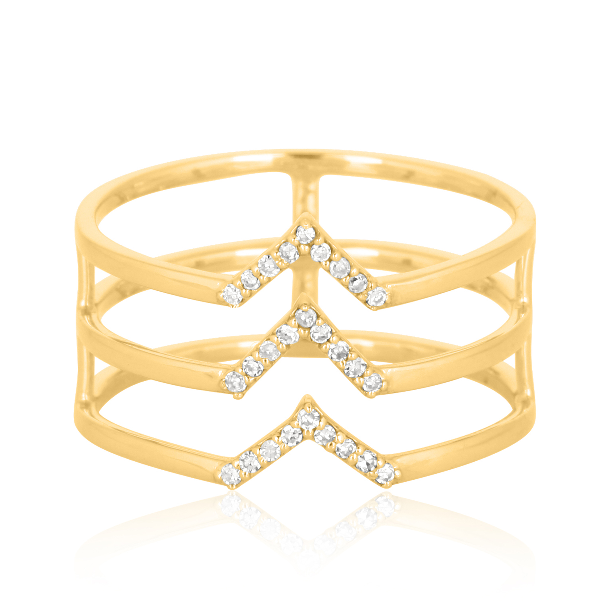 Yellow Gold 3 Line Diamond V Ring