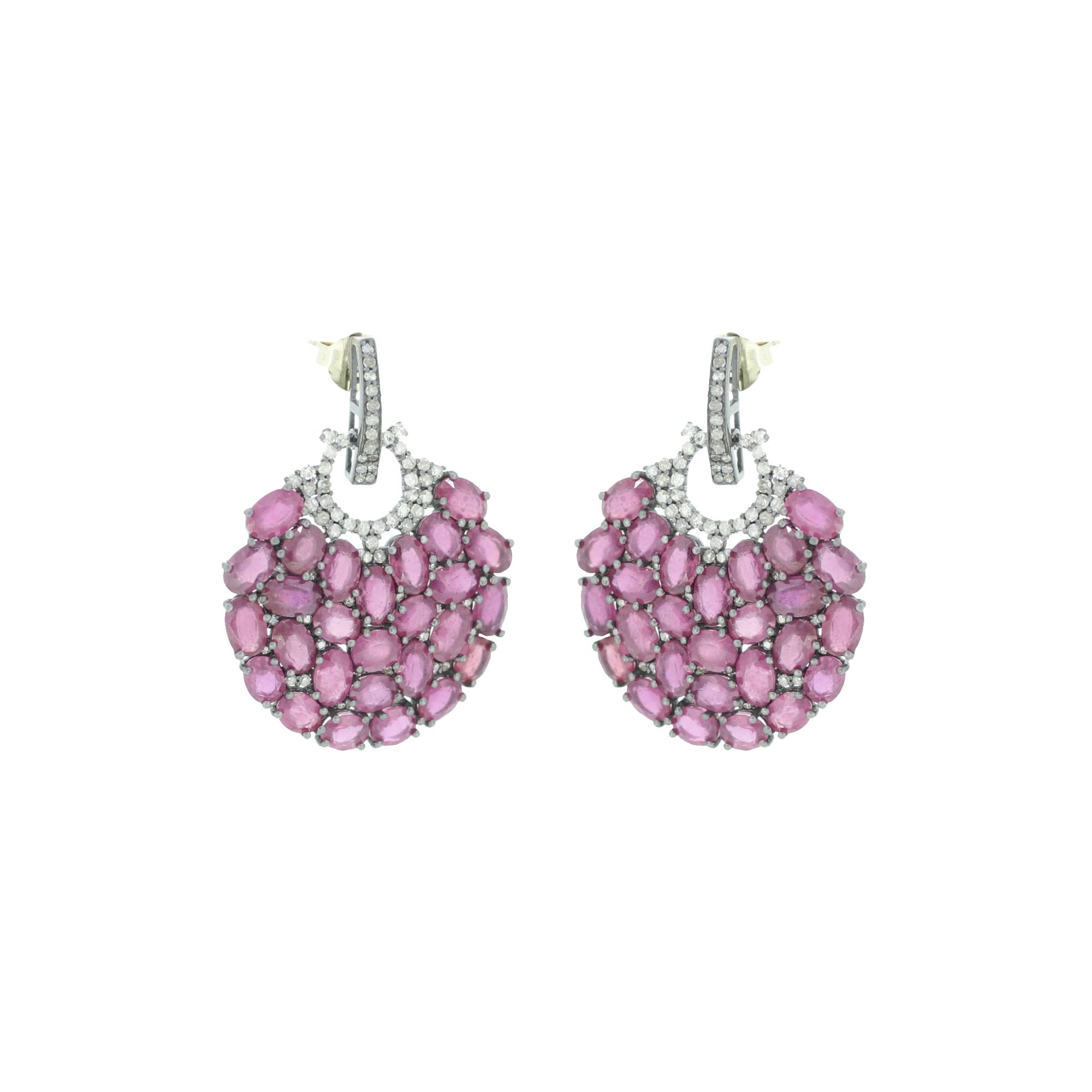 Sterling Silver Close Setting Ruby and Diamond Dangle Earrings