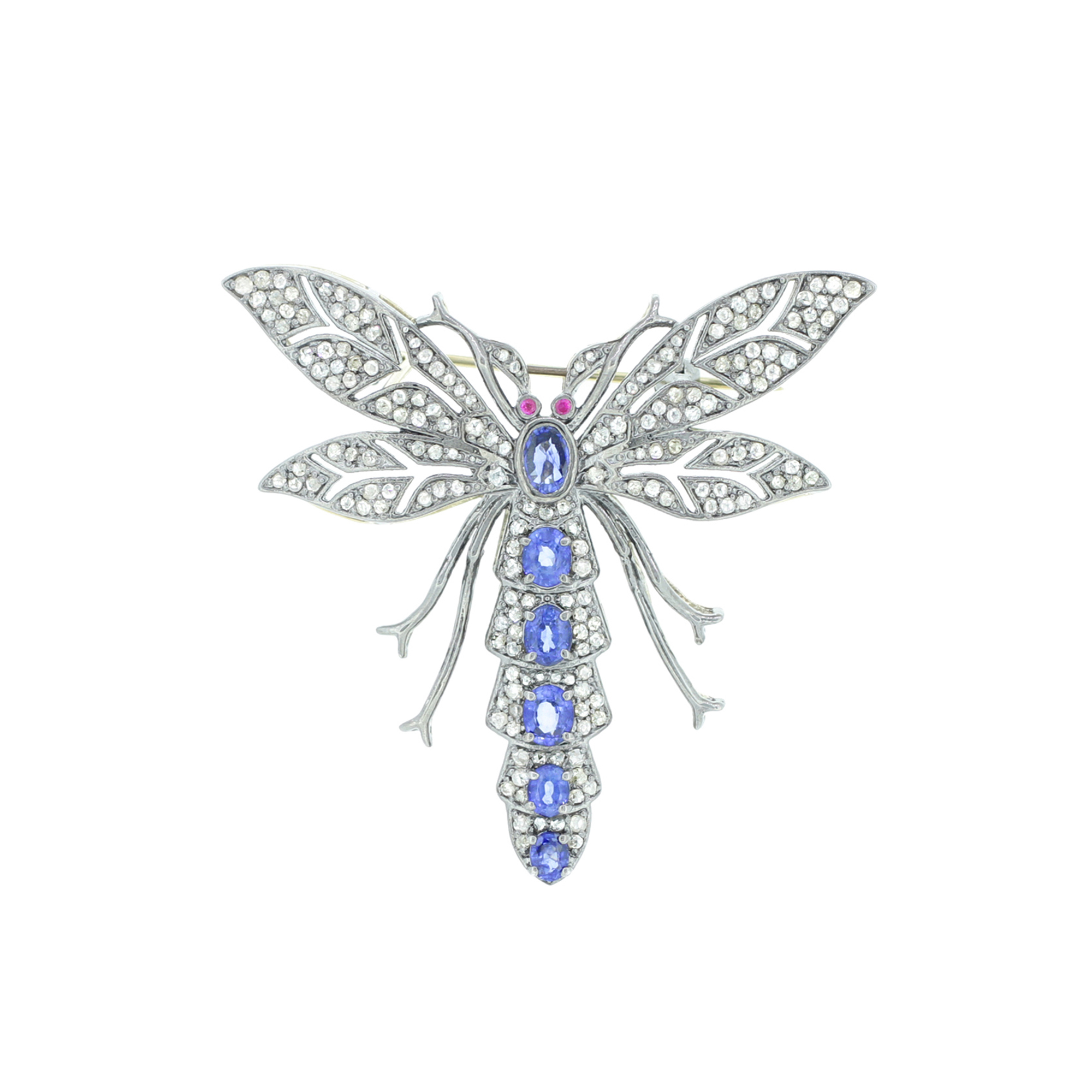Blue Sapphire Diamond Fly Brooch with Ruby Eyes