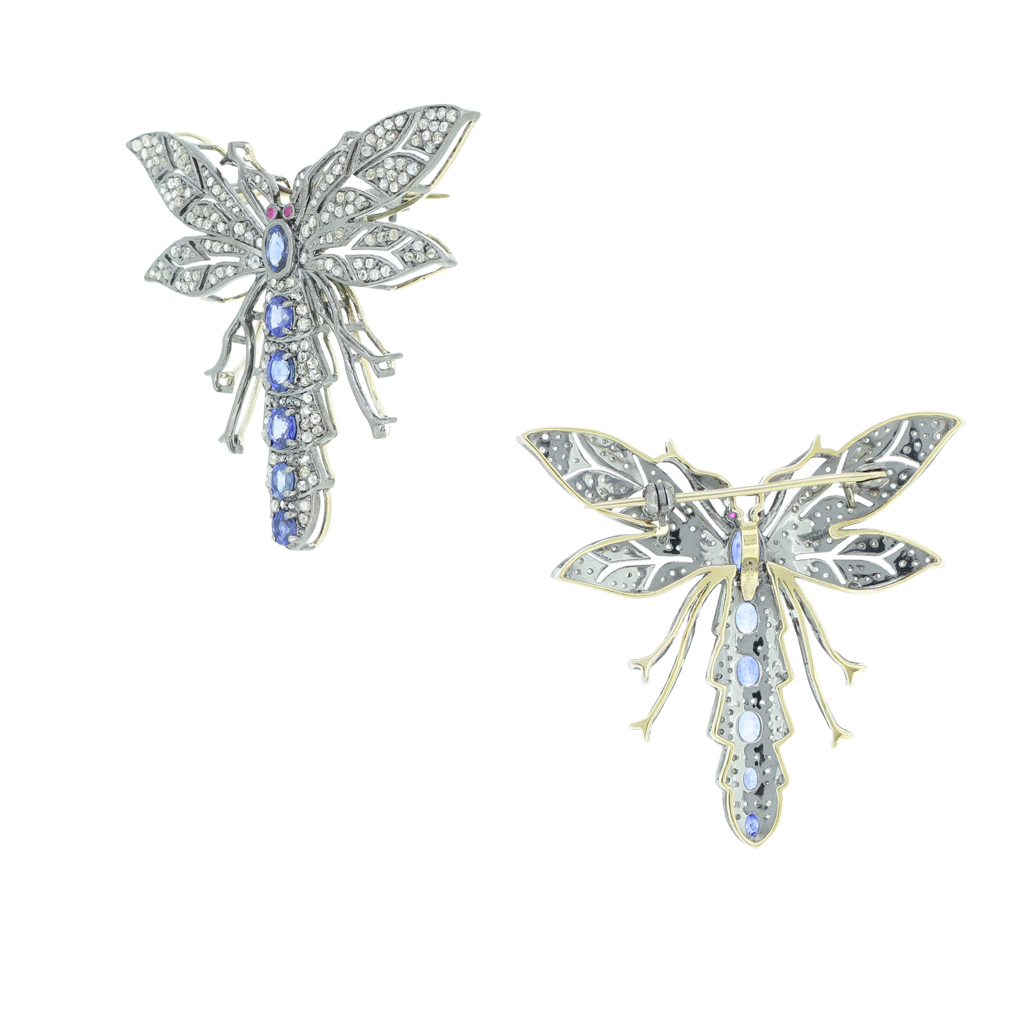 Blue Sapphire Diamond Fly Brooch with Ruby Eyes